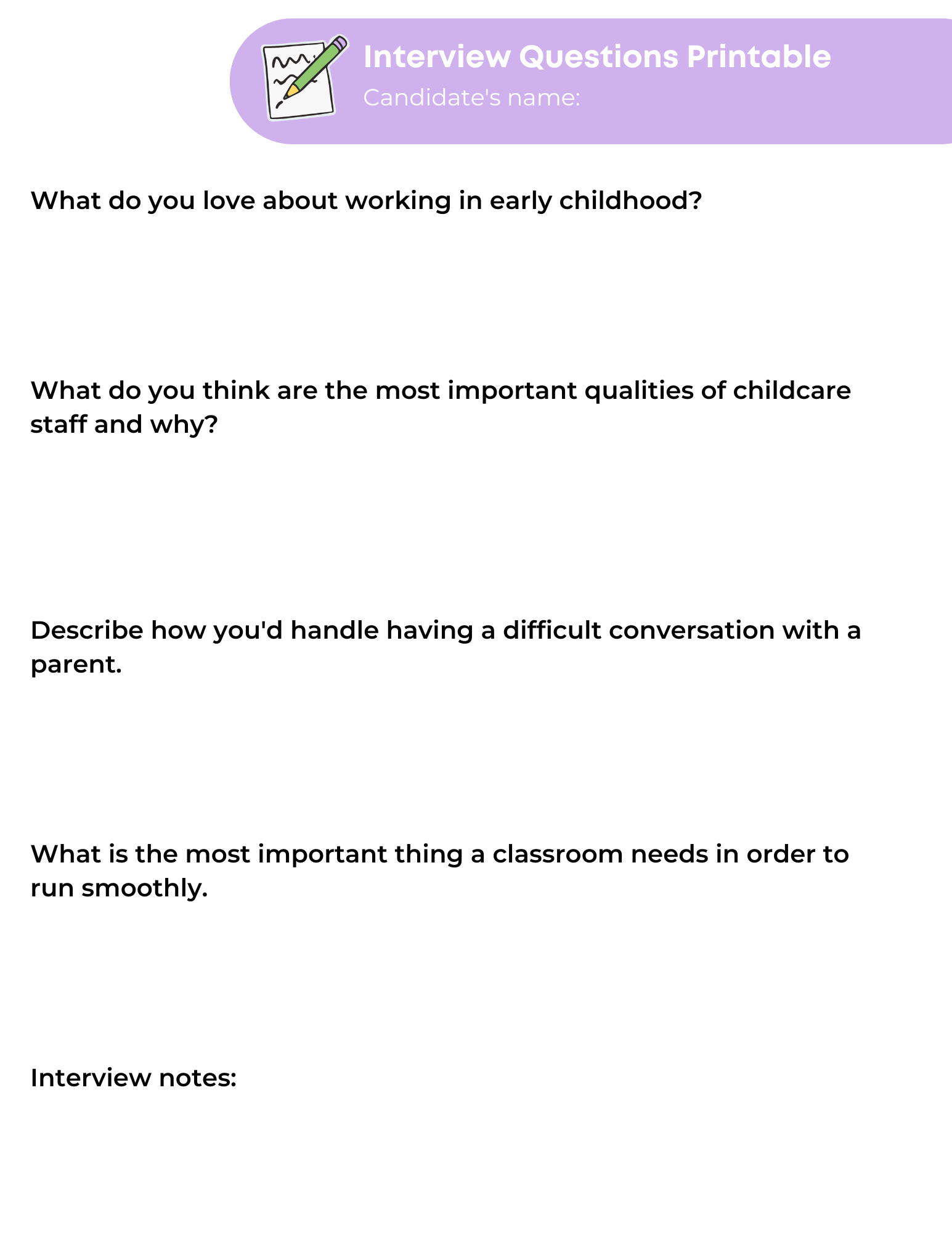 Childcare And Preschool Staff Interview Questions Template