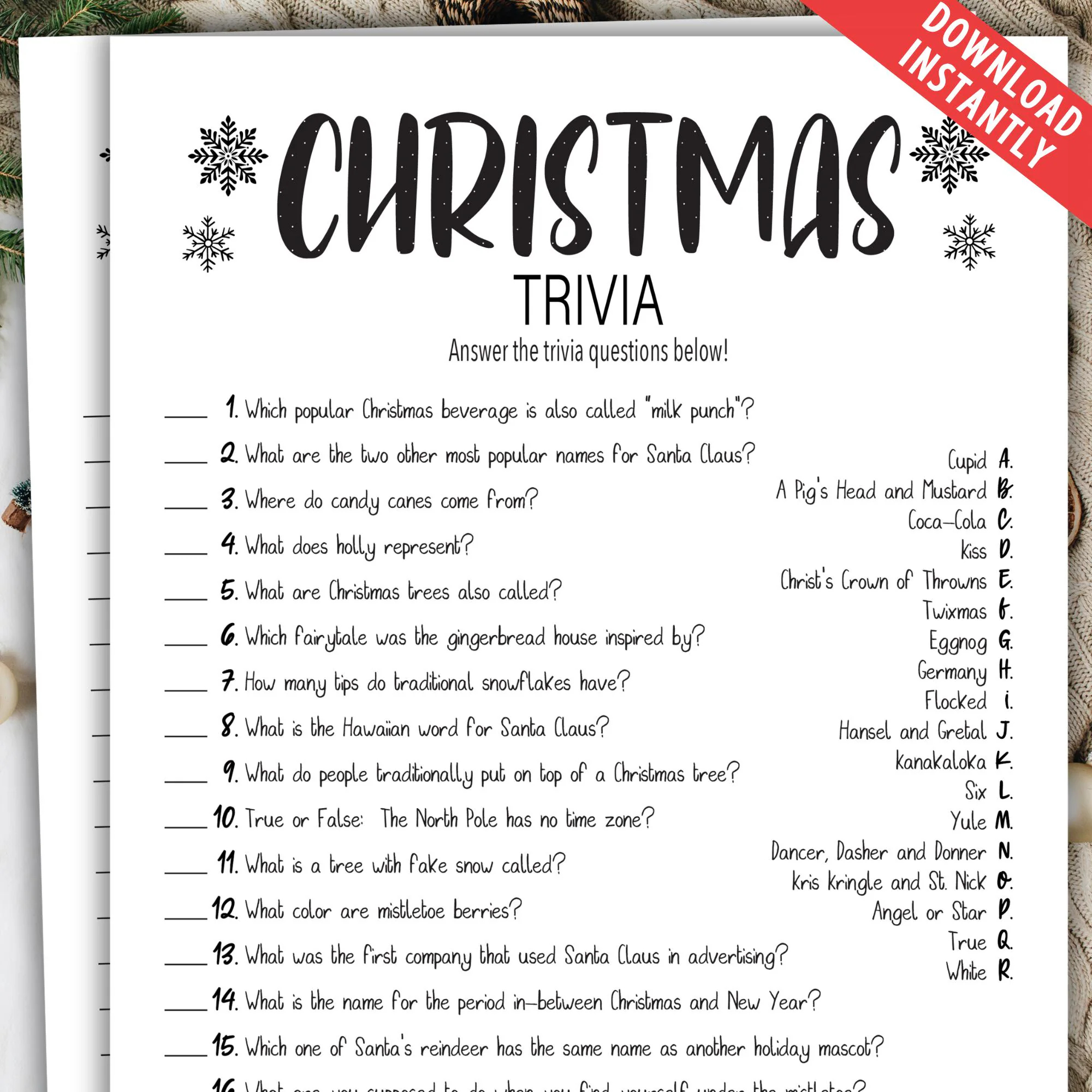 Christmas Printable Trivia Game Christmas Gathering Game Night Christmas Party Trivia Game CTTG24 Etsy
