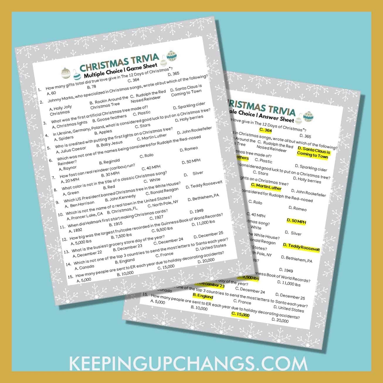 Christmas Trivia Multiple Choice FREE Printable Game 