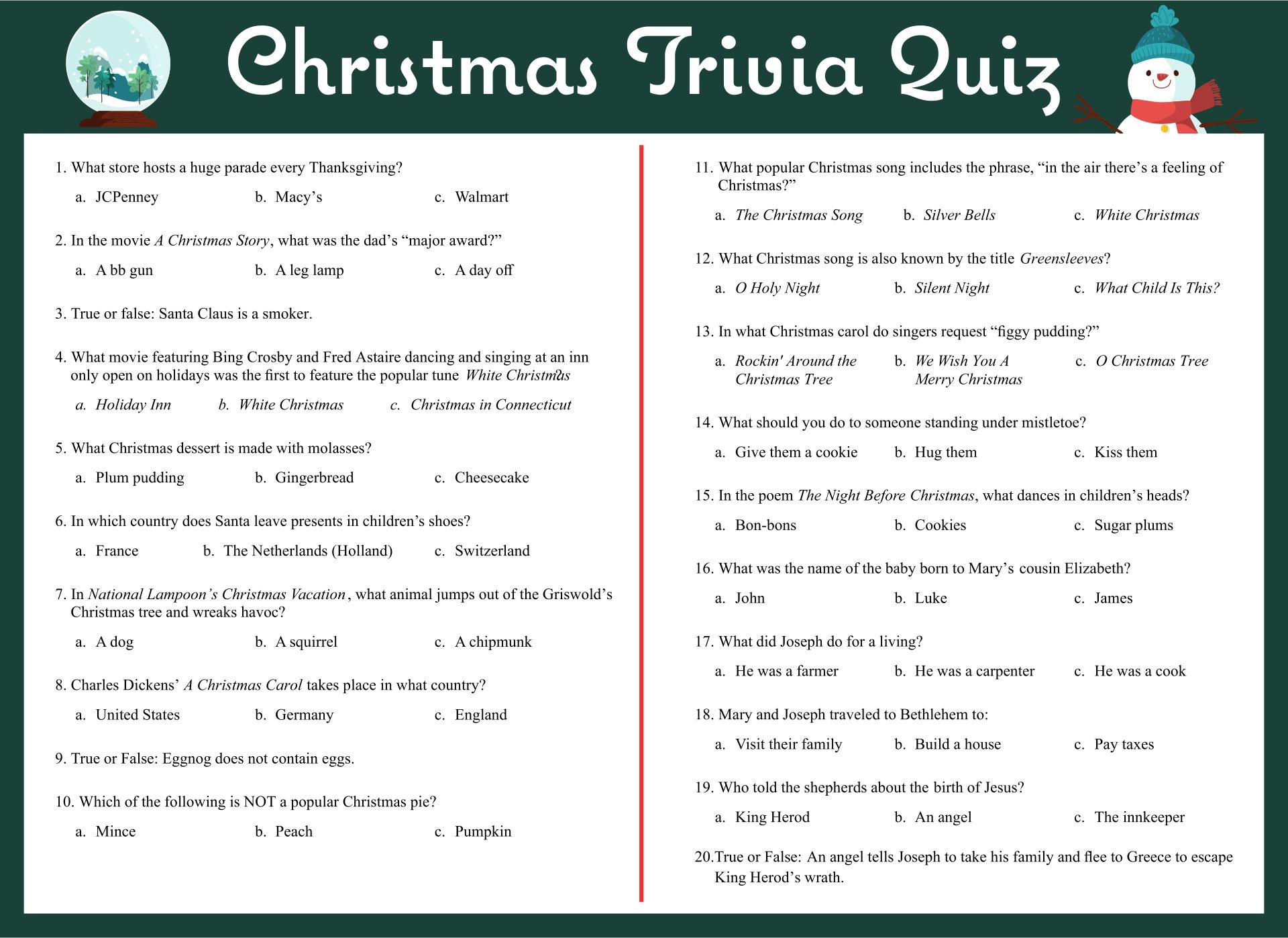 Printable Family Christmas Quiz with Answers