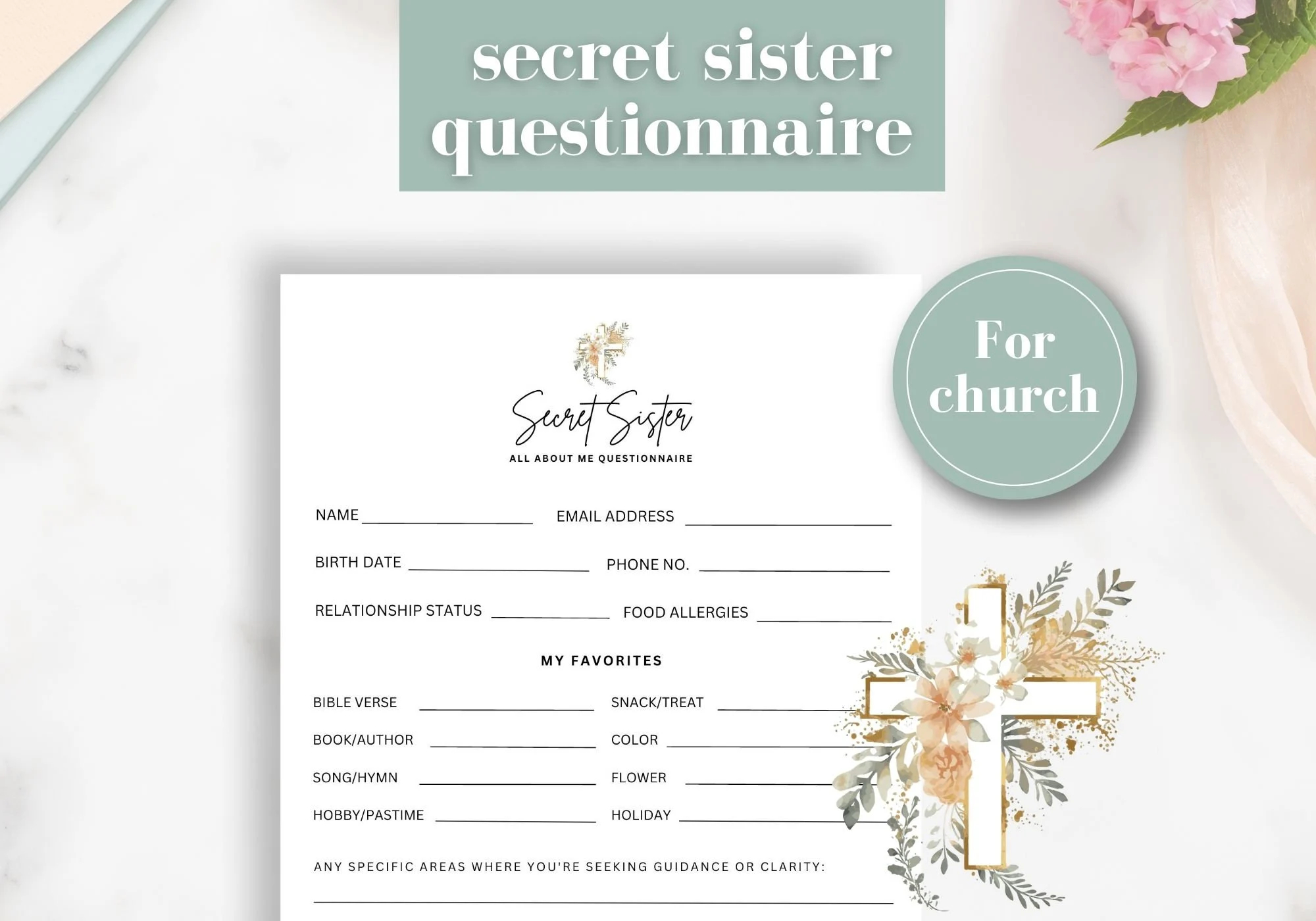 Church Secret Sister Questionnaire Printable Secret Sister Survey Church Appreciation Church Gift Exchange Womens Ministry Secret Sister Etsy
