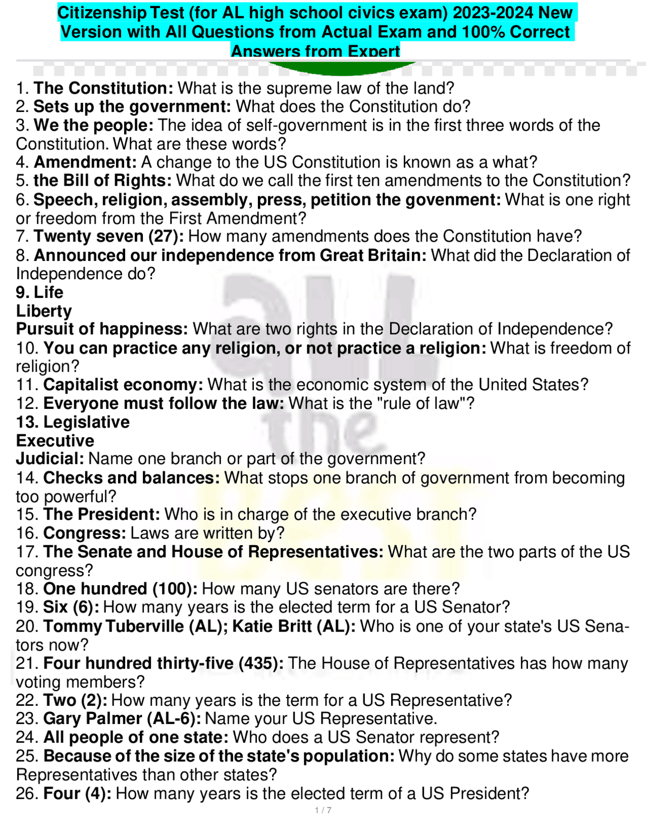 Citizenship Test for AL High School Civics Exam 2023 2024 New Version Exams Science Education Docsity