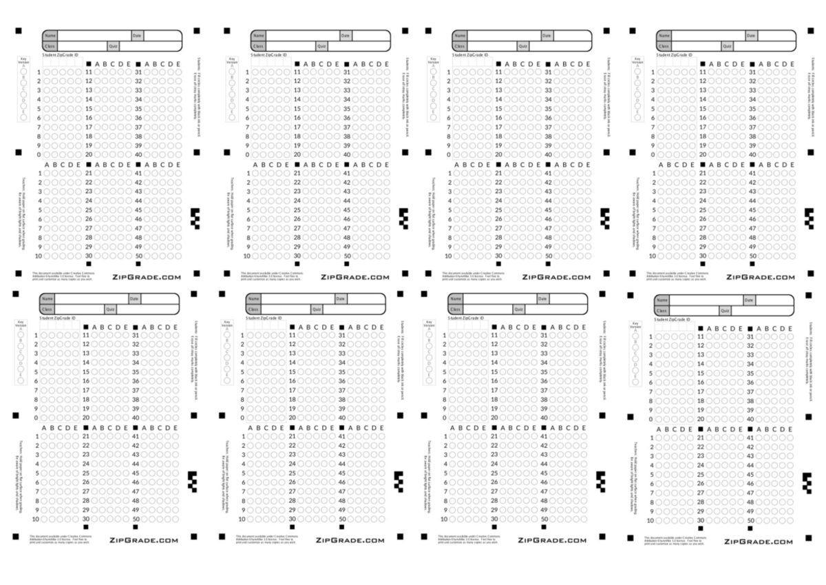 Class Quiz Answer Sheet ZipGrade 50 Items Version A To E Studocu