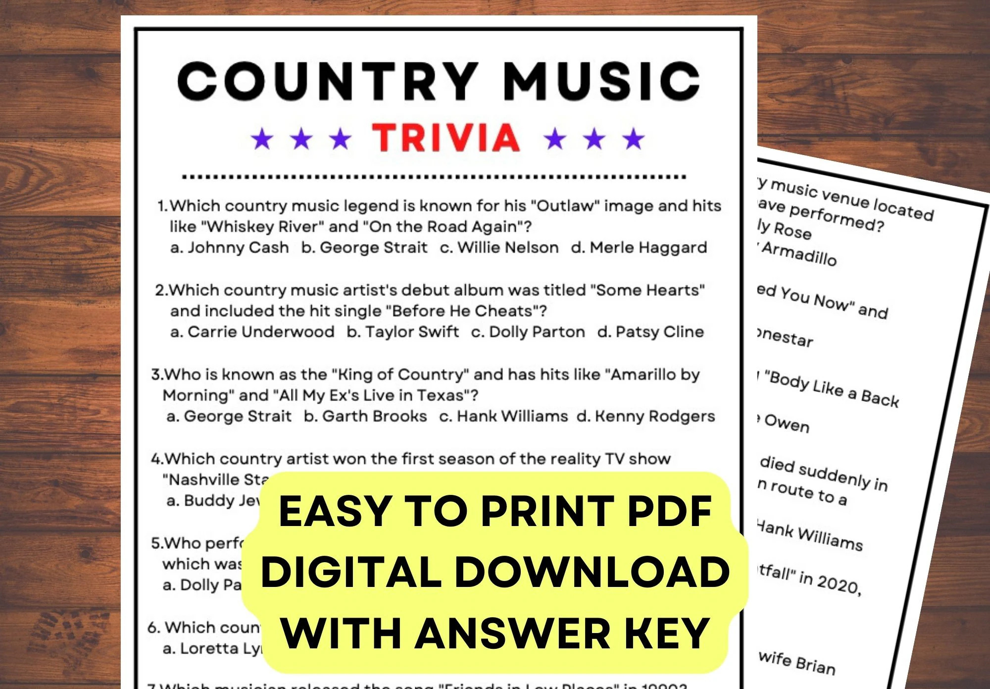 Country Music Trivia Game Digital PDF Instant Printable Trivia Game With Answer Key Etsy