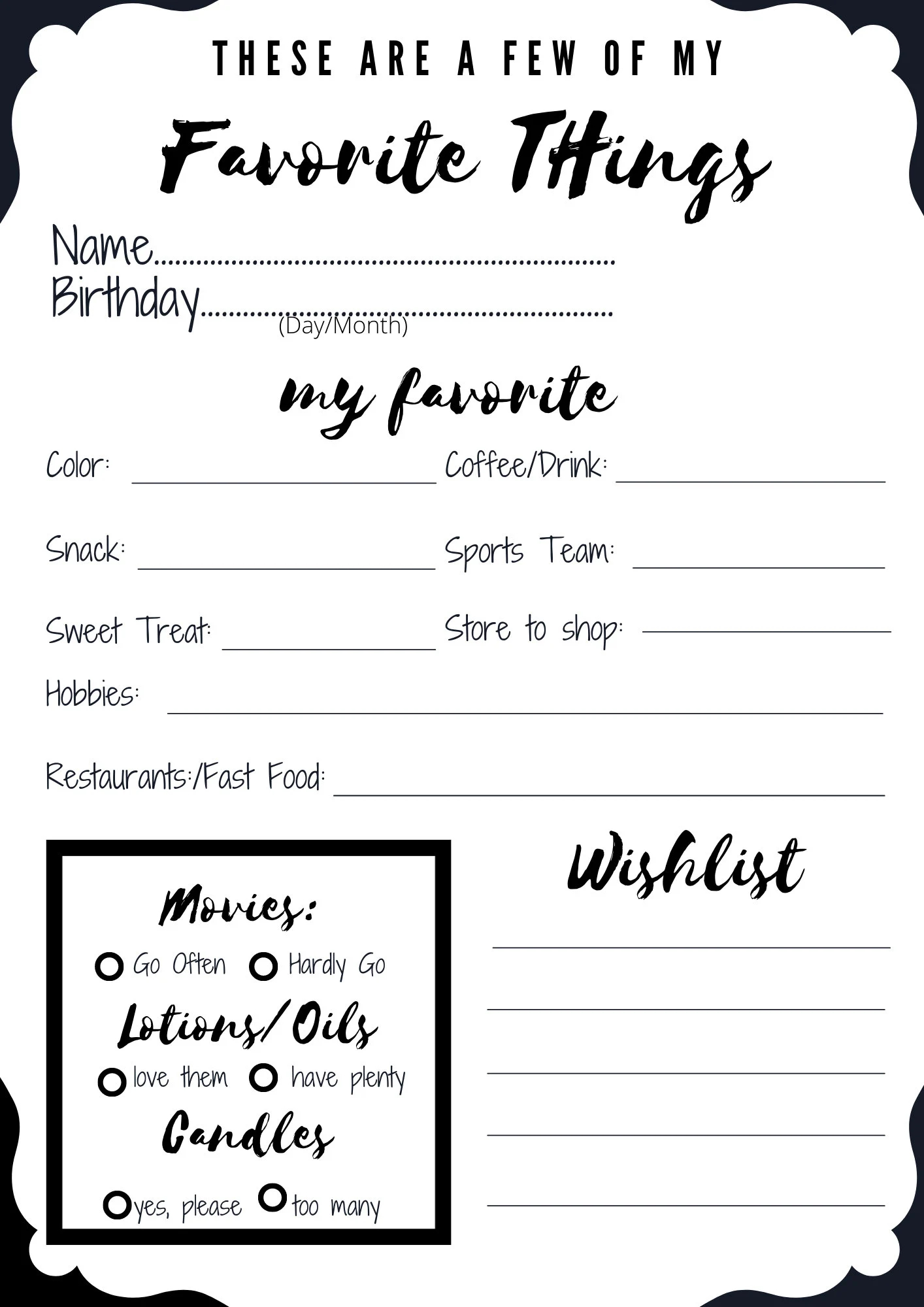 Customizable My Favorite Things Questionnaire 8 x10 Senior Class Ideas Printable PDF Jpeg Png INSTANT DOWNLOAD Etsy