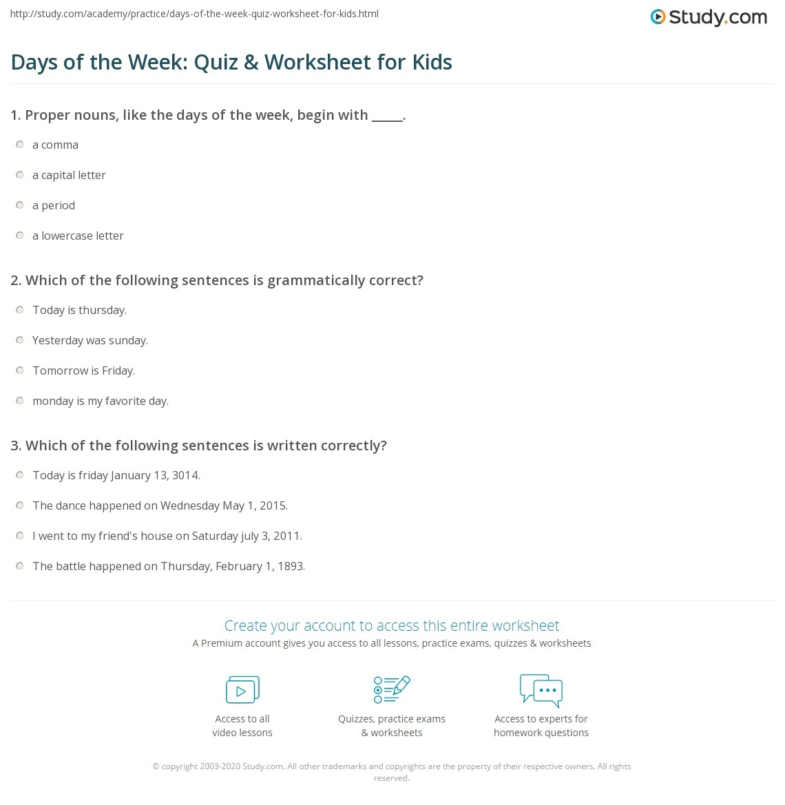 Days Of The Week Quiz Worksheet For Kids Study