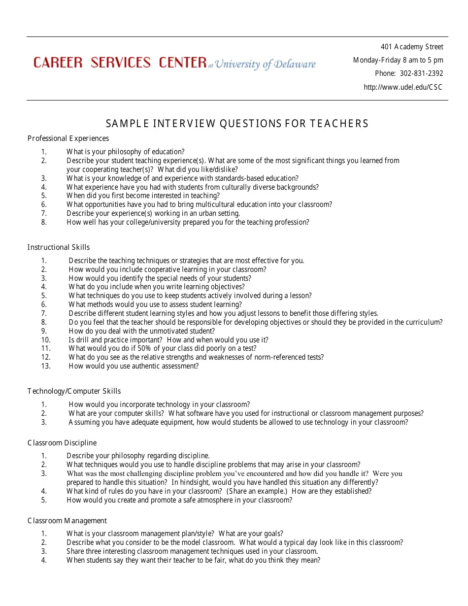 Delaware Sample Interview Questionnaire Template For Teachers University Of Delaware Download Printable PDF Templateroller
