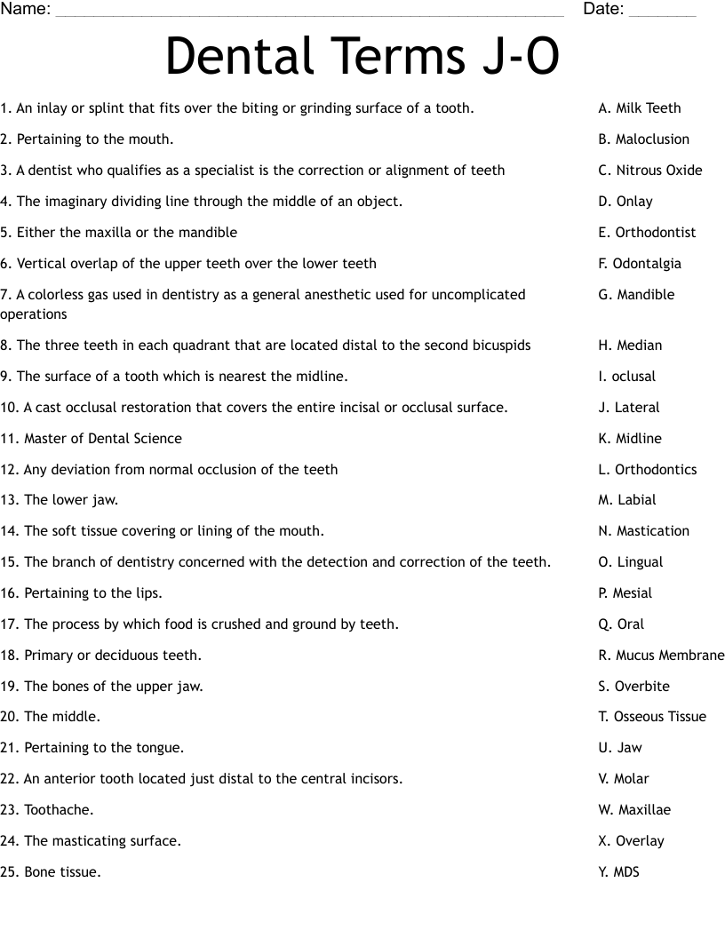 Dental Terms J O Worksheet WordMint