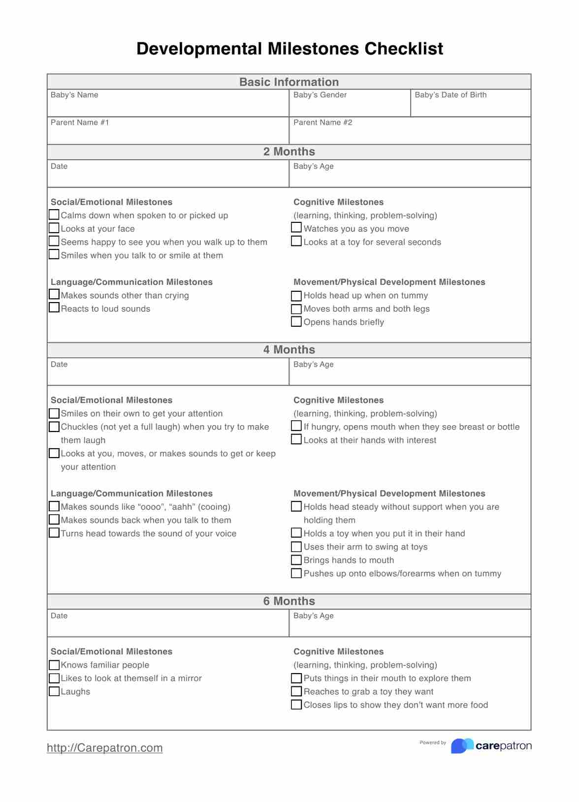 Developmental Milestones Checklist
