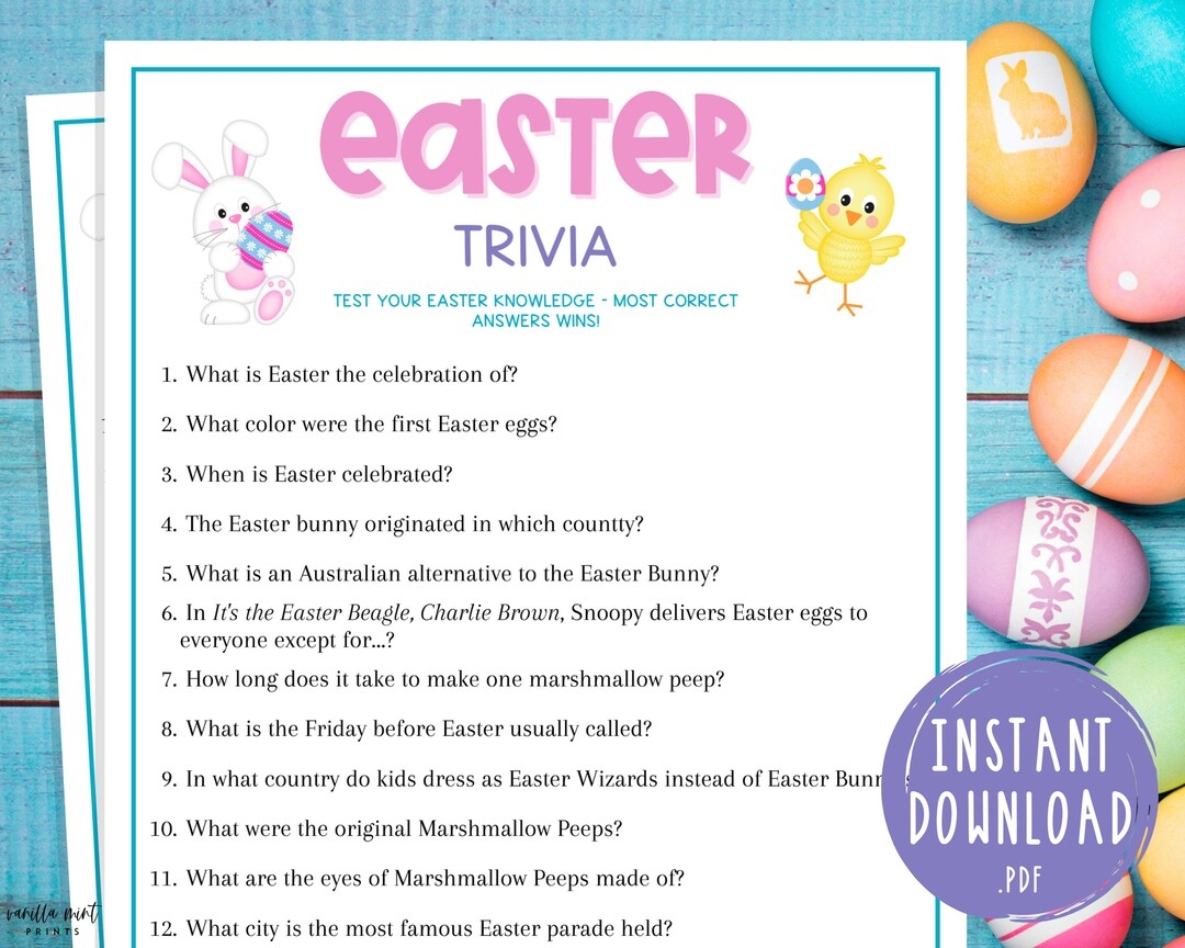 Easter Trivia Game Printable Easter Games Party Games Easter Activities For Adults And Kids Fun Easter Dinner Spring Trivia Etsy