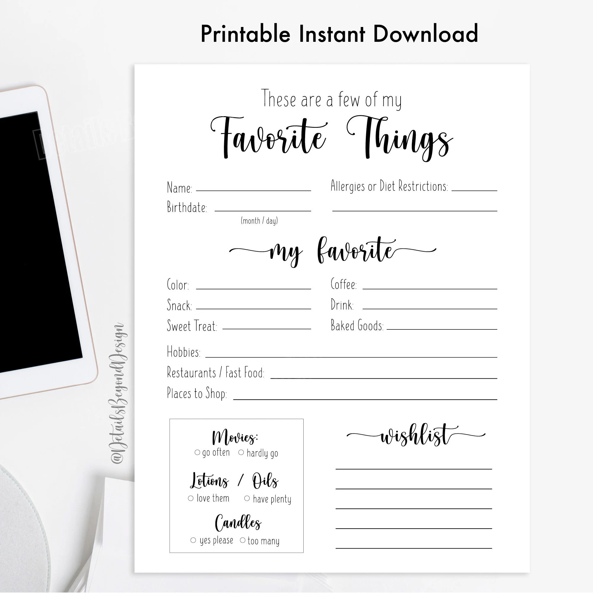 Editable On Canva My Favorite Things Questionnaire Survey 8 x10 Gift Exchange Ideas Printable PDF Jpeg INSTANT DOWNLOAD Etsy
