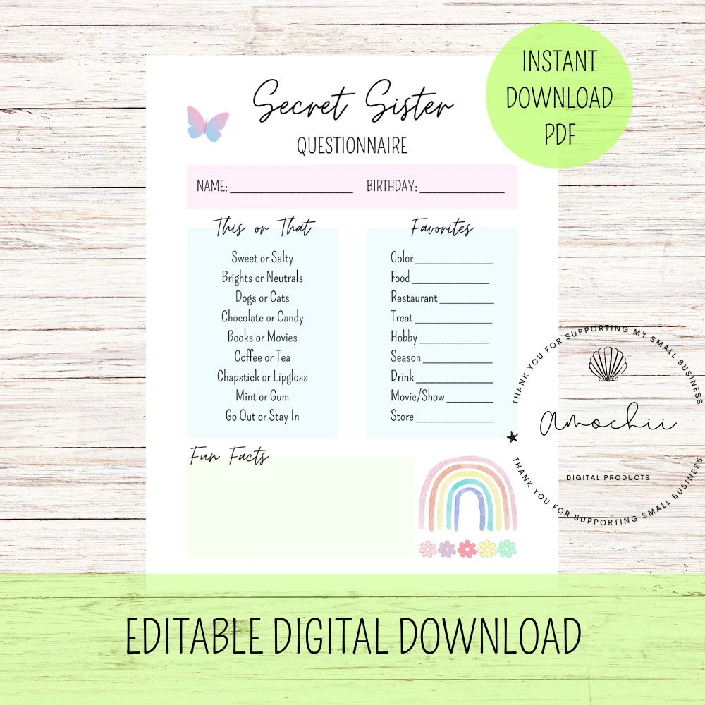 Editable Secret Sister Questionnaire Etsy
