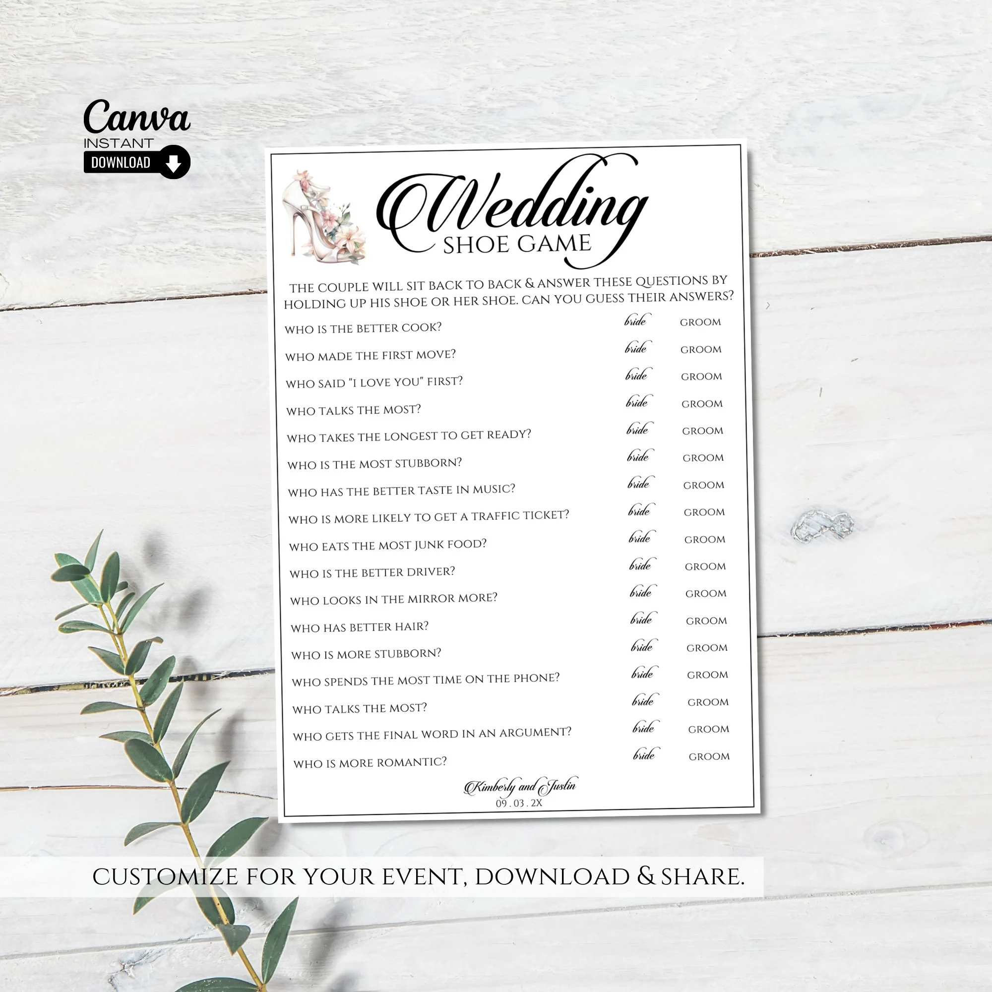 Editable Wedding Shoe Game Bridal Shoe Game Couples Shoe Game Couples Shower Game Bridal Shower Bride And Groom Game He Said She Said Etsy