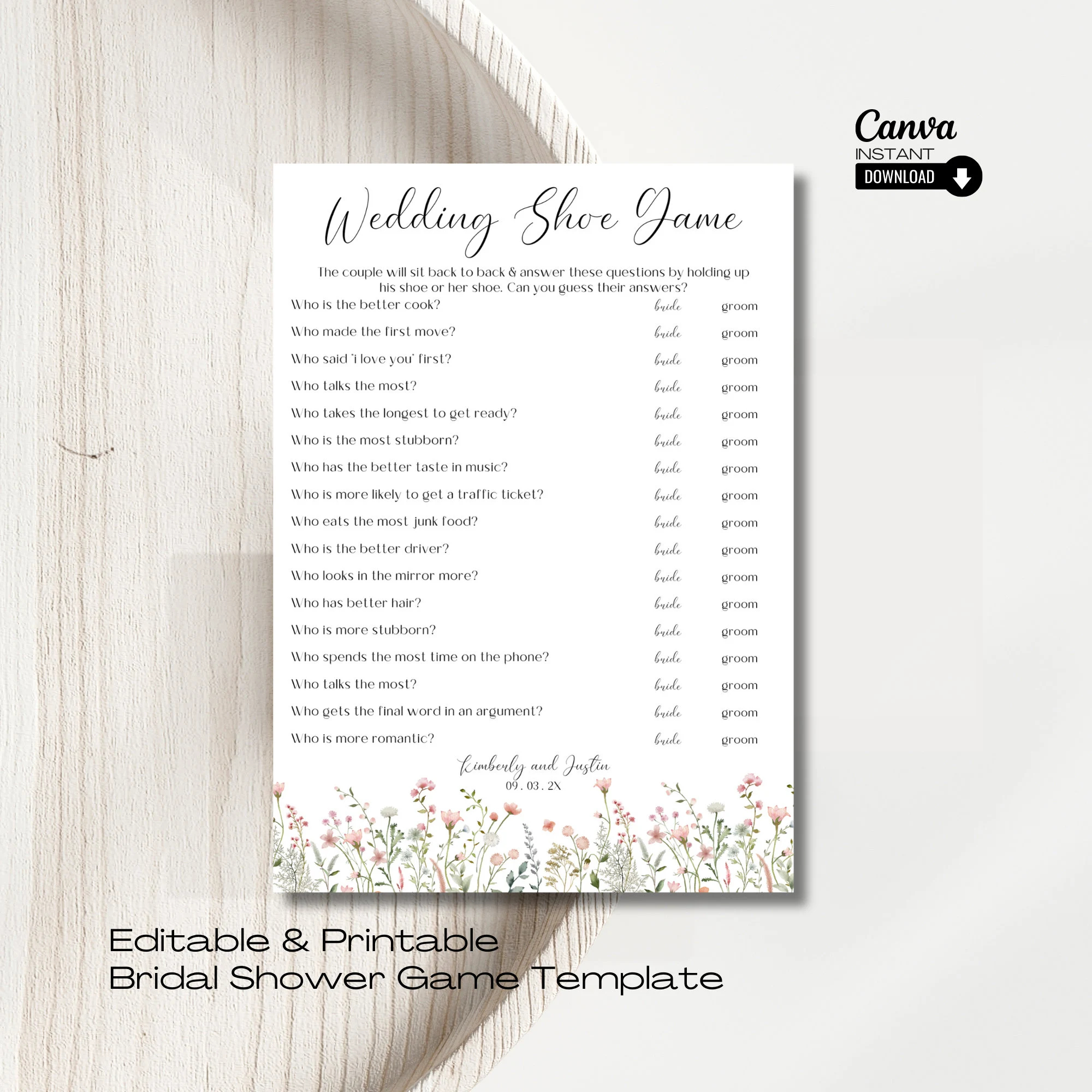 Editable Wedding Shoe Game Bridal Shoe Game Couples Shoe Game Couples Shower Game Bridal Shower Bride And Groom Game He Said She Said Etsy