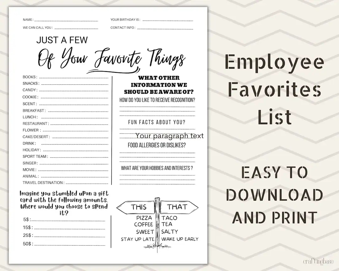 Employee Favorites List Employee Wishlist Printable Employee Favorites List PDF For Office Use Get To Know Your Team Better Etsy