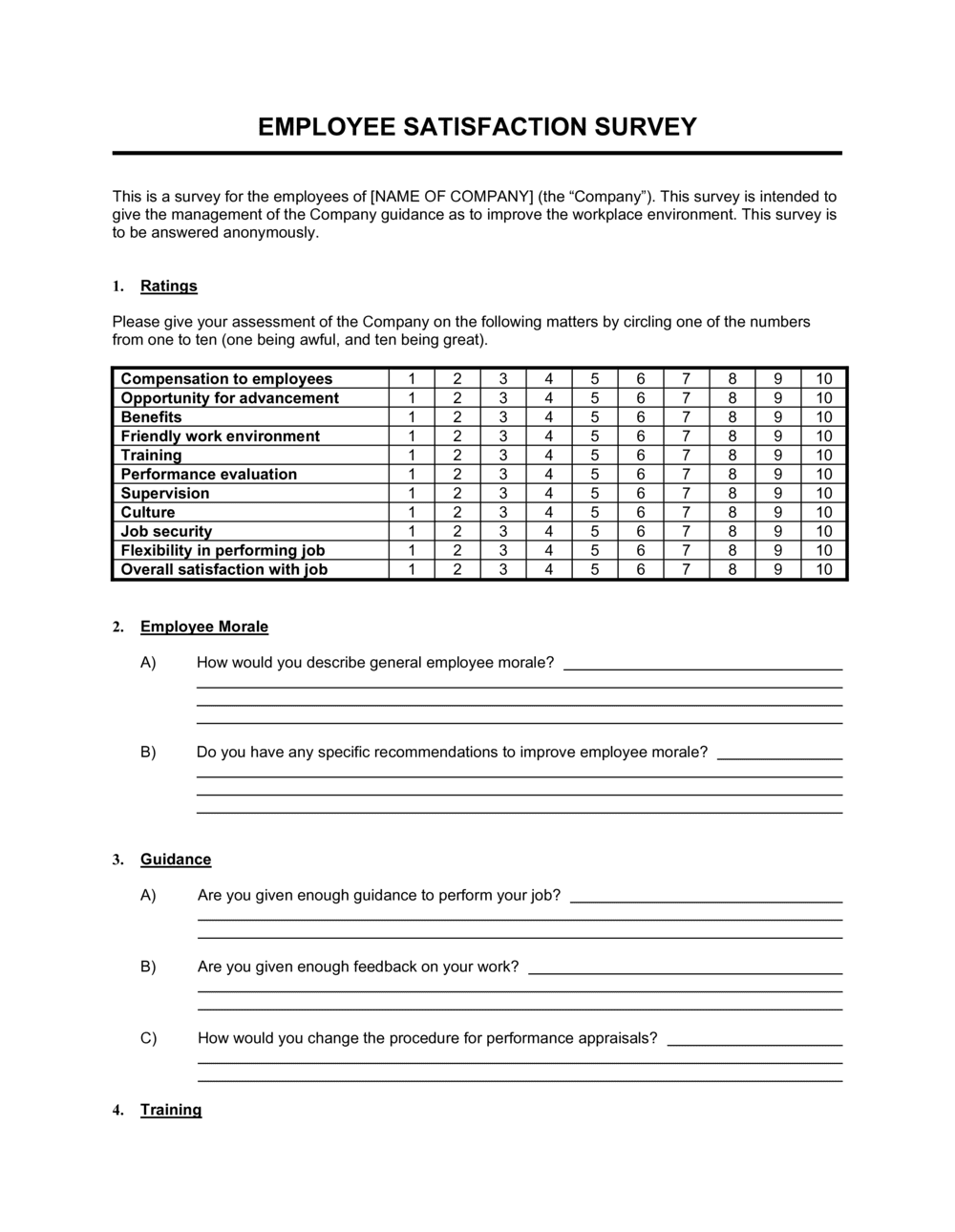 Employee Satisfaction Survey Version 2 Template Free Download Word PDF