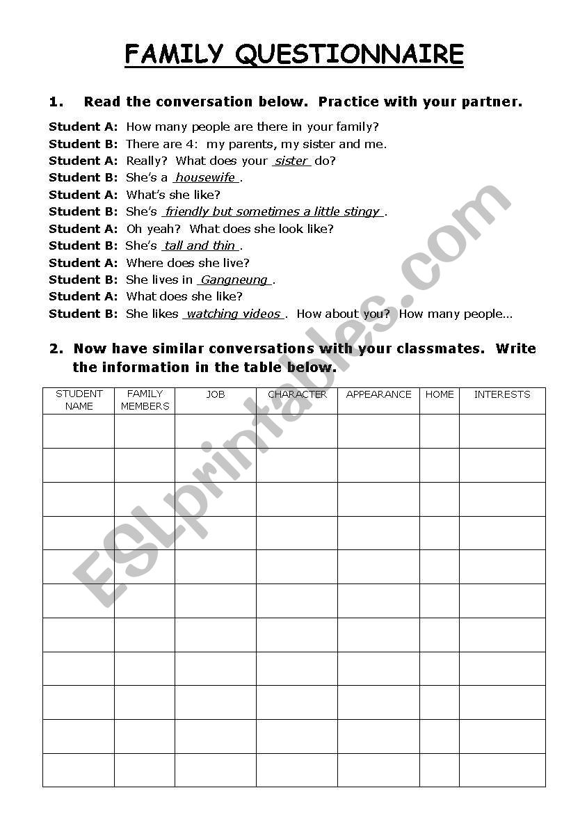 English Worksheets Family Questionnaire Survey