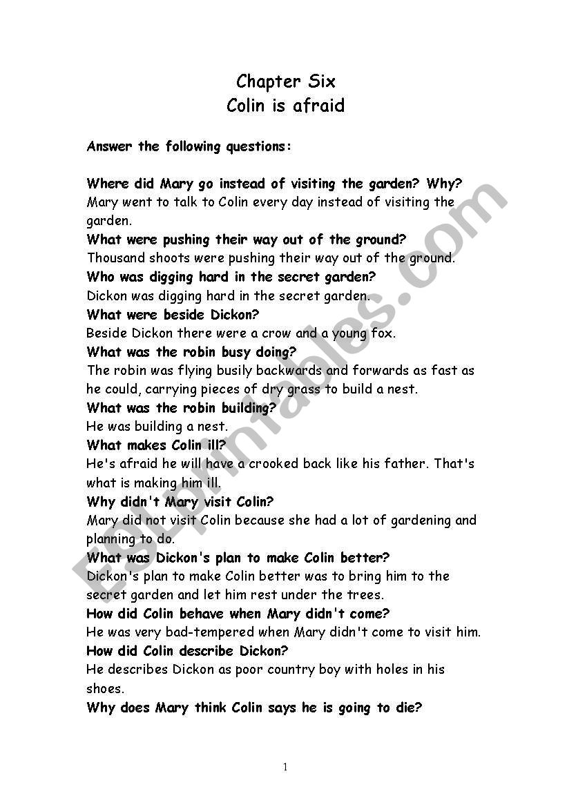 English Worksheets The Secret Garden Chapter 6 questions model Answers 