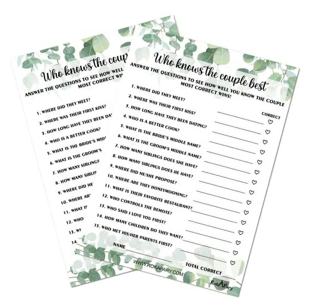 Eucalyptus Who Knows The Couple Best Wedding Bridal Shower Bachelorette Or Engagement Party Game Couples Guessing Play Pack Of 50 Cards 5 x7 Made In USA Walmart