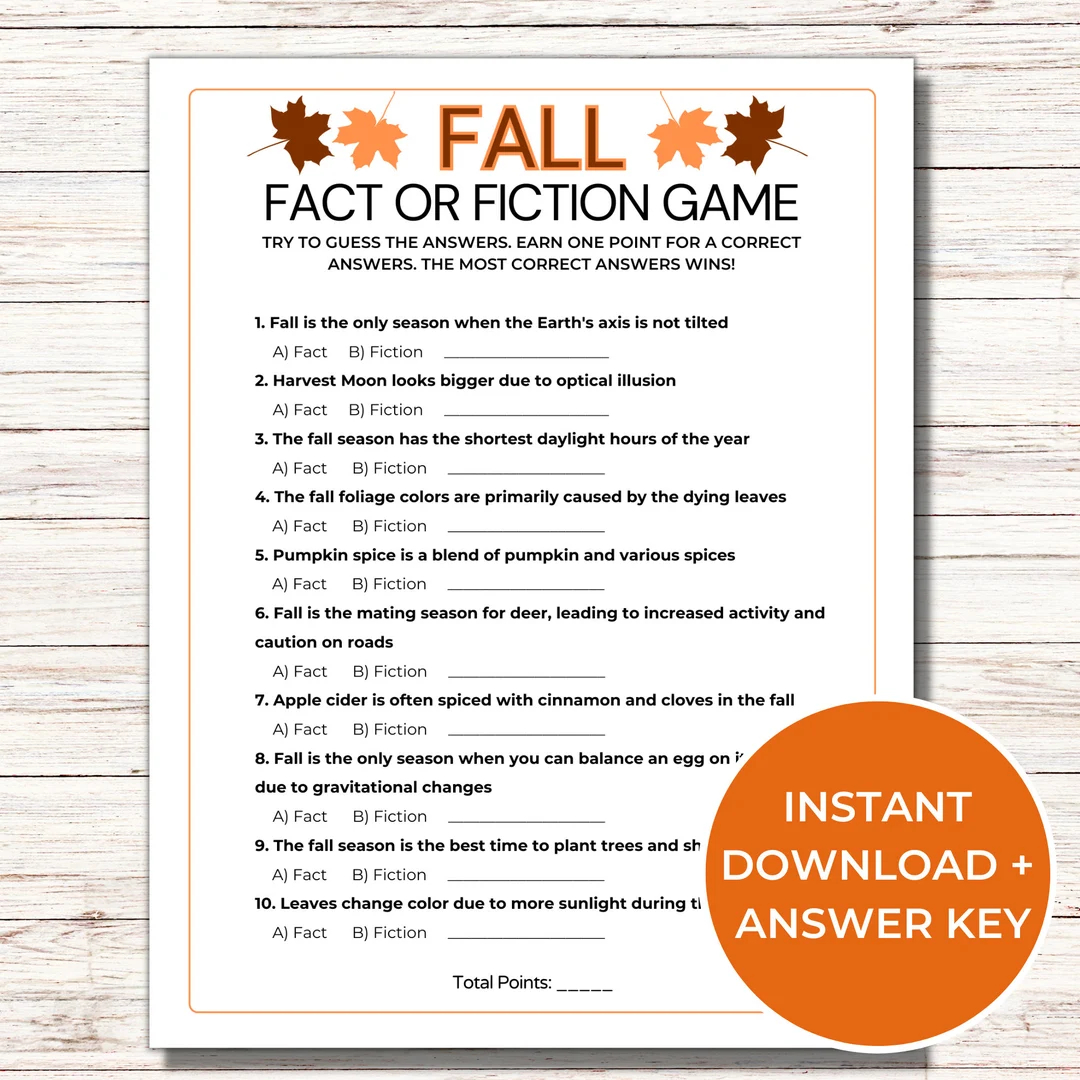 Fall Fact Or Fiction Trivia Game Fun Fall Activities Fall Printable Games Family Game Autumn Themed Quiz Etsy