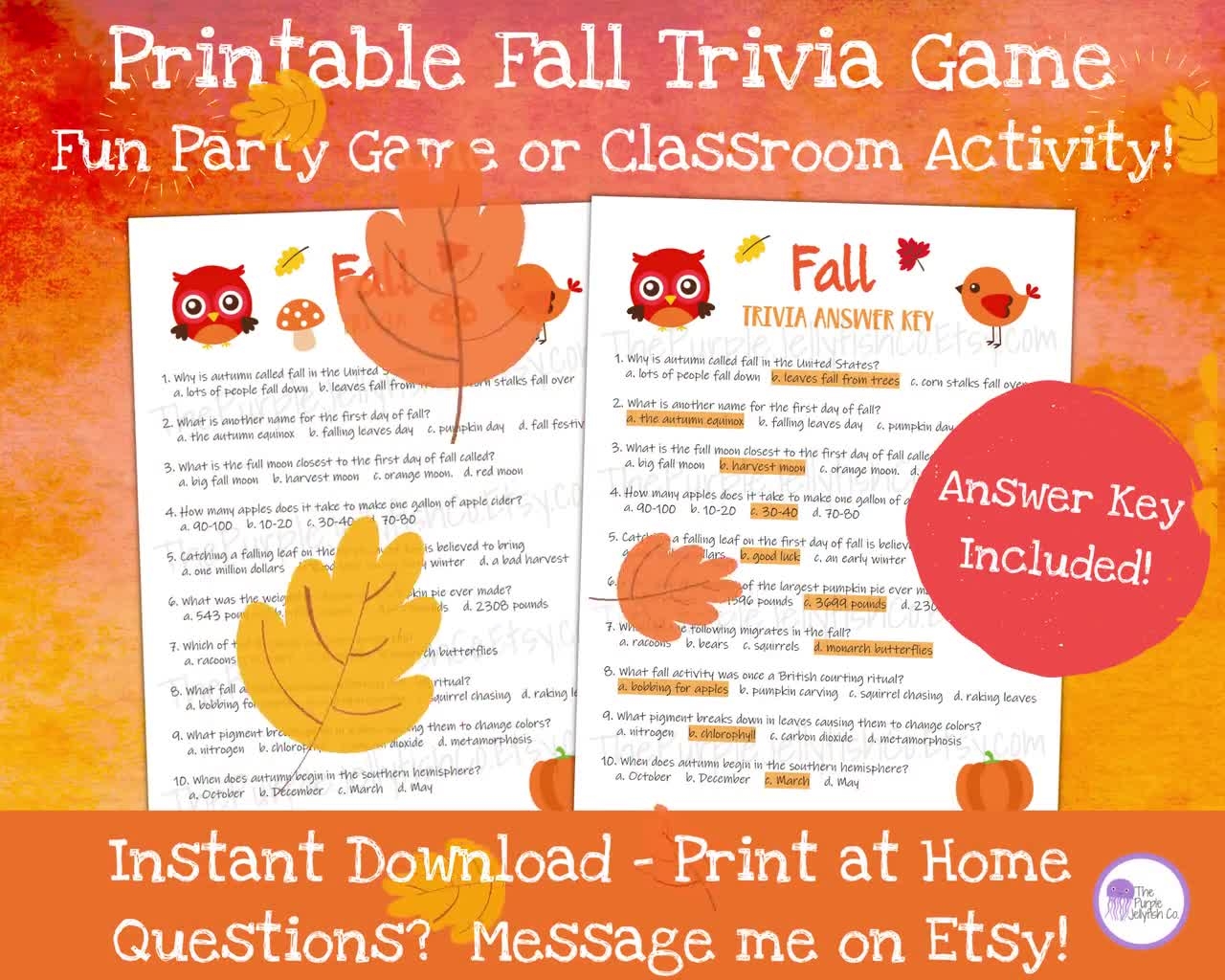 Fall Trivia Game Printable Autumn Activity For Kids Adults Trivia Questions Quiz Fall Theme Classroom Activity Fall Birthday Party Idea Etsy