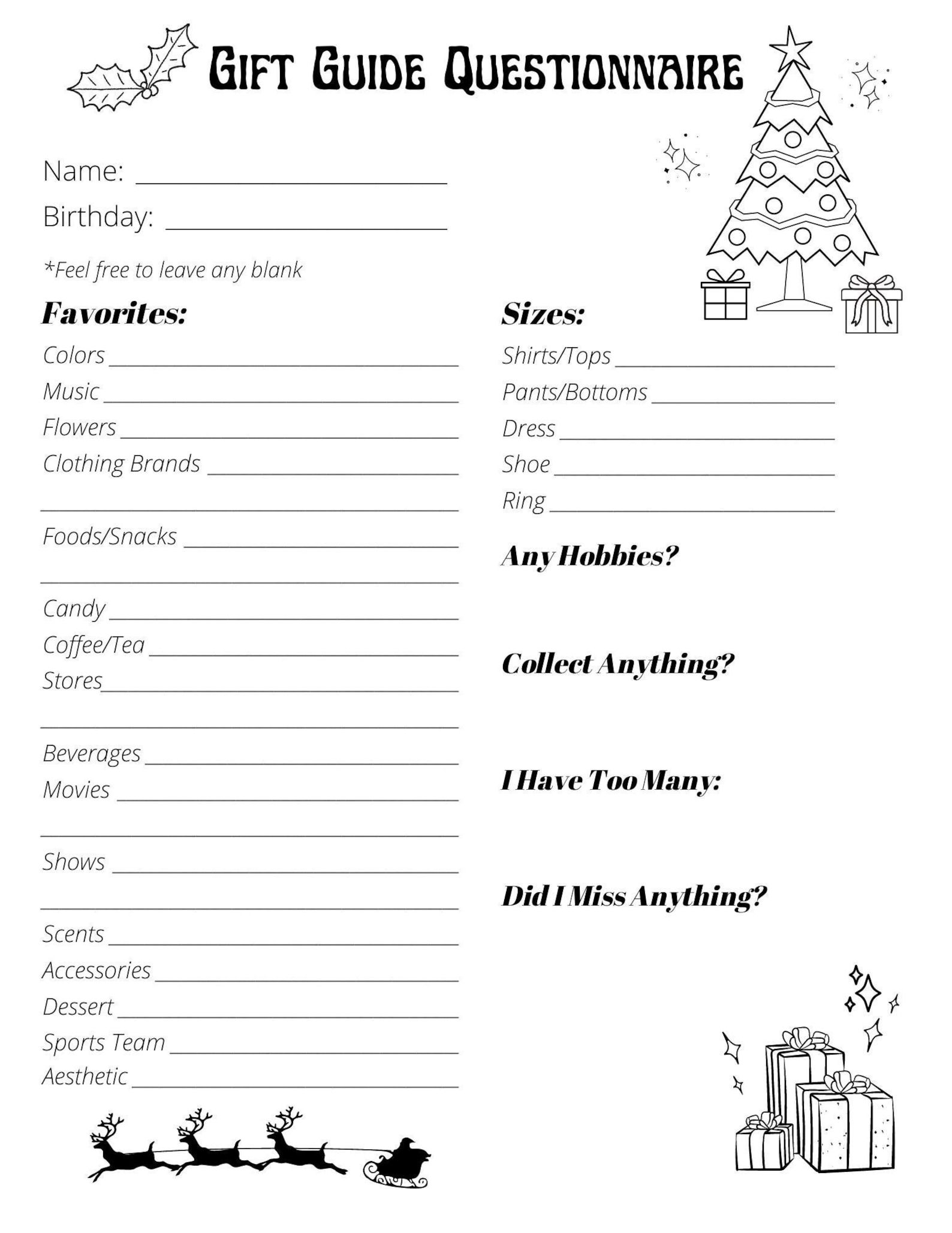 Gift Questionnaire Printable
