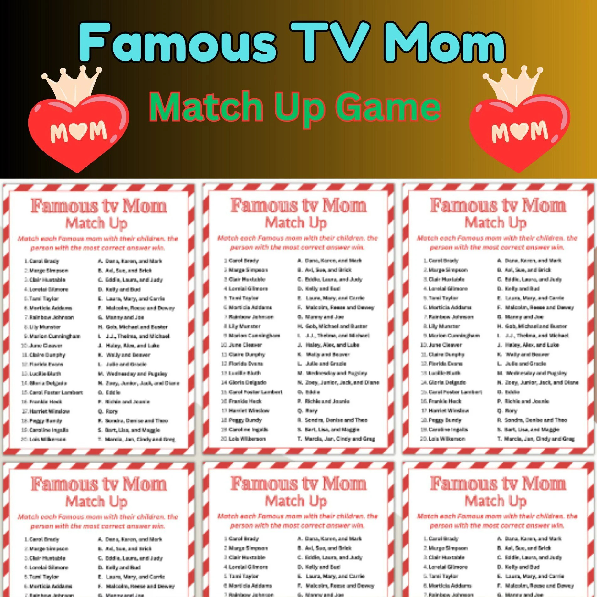 Famous TV Mom Match Up Game Printable printable Activity Family Party Mom Quiz mother s Day Game Etsy