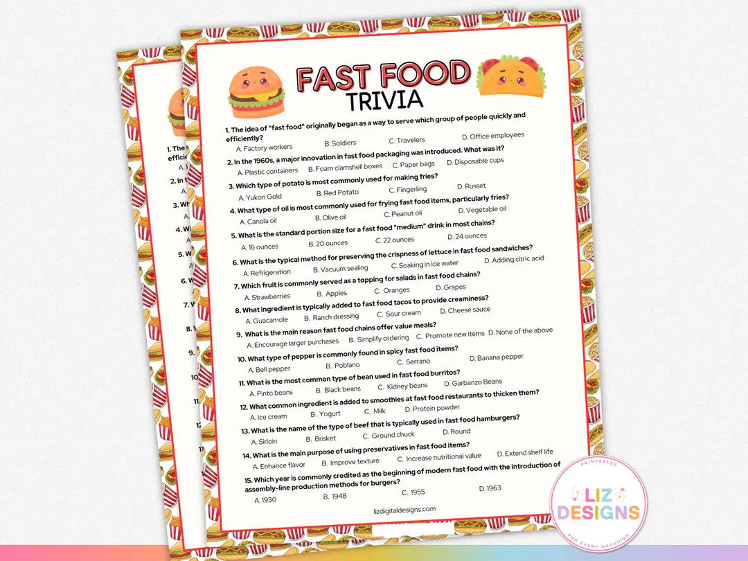 Fast Food Trivia Printable Trivia For Family Game Night Food Theme Pub Trivia Icebreaker Party Games Food Quiz Etsy