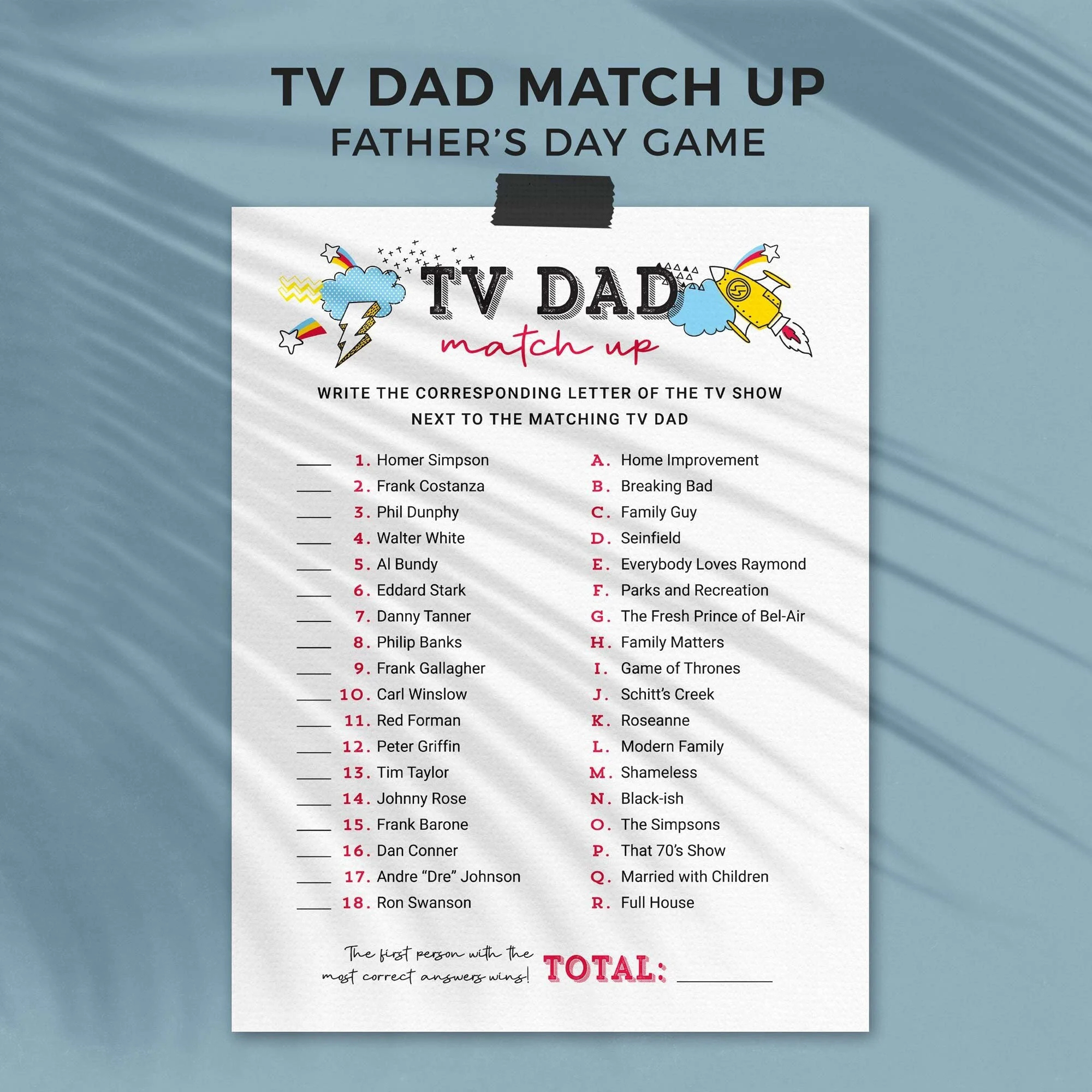 Father s Day Printable Game TV Dad Match Up Activity Famous Celebrity Show Trivia Quiz Kids Teens Family Fun INSTANT DOWNLOAD F01 Etsy
