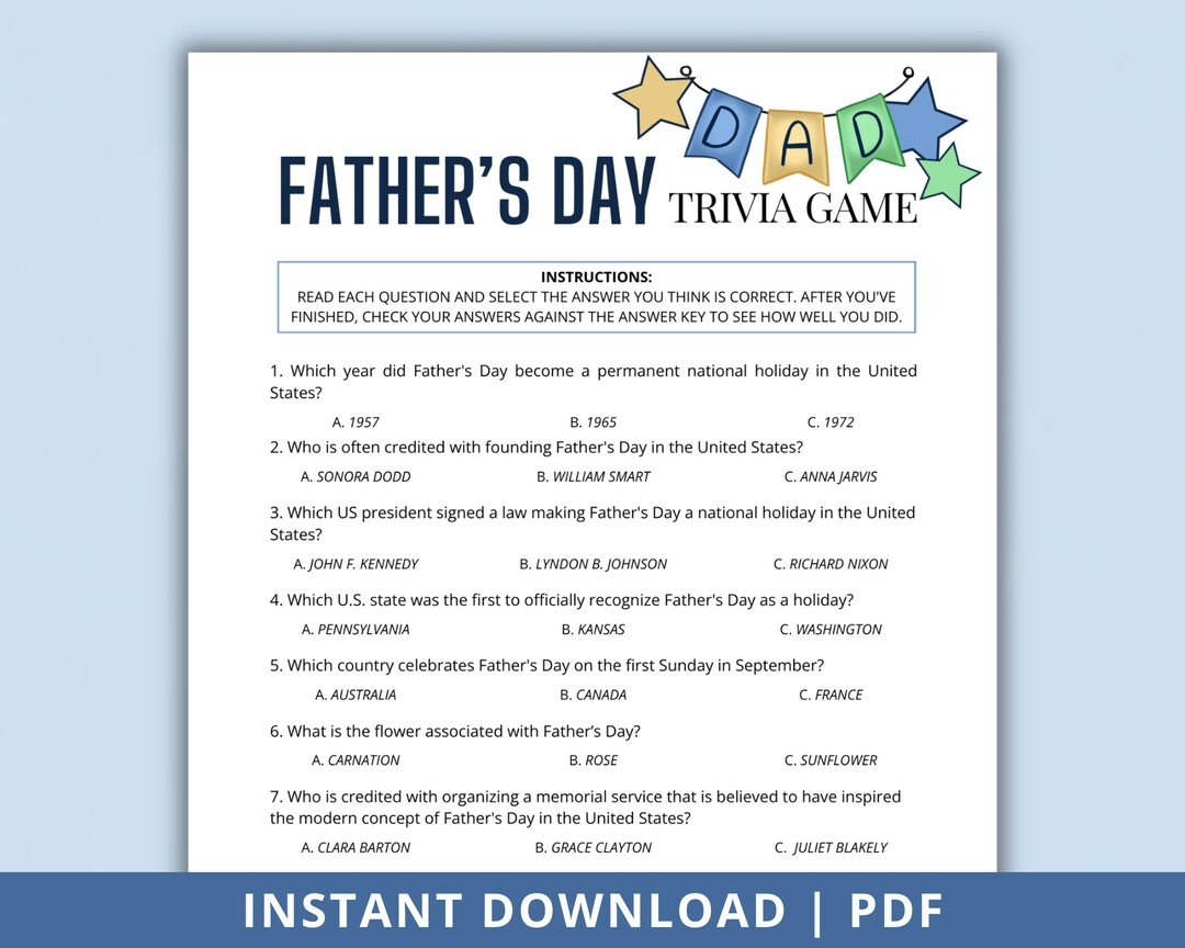 father s day trivia game dad s day printable quiz for adults and teens trivia questions answer key included father s day activity etsy