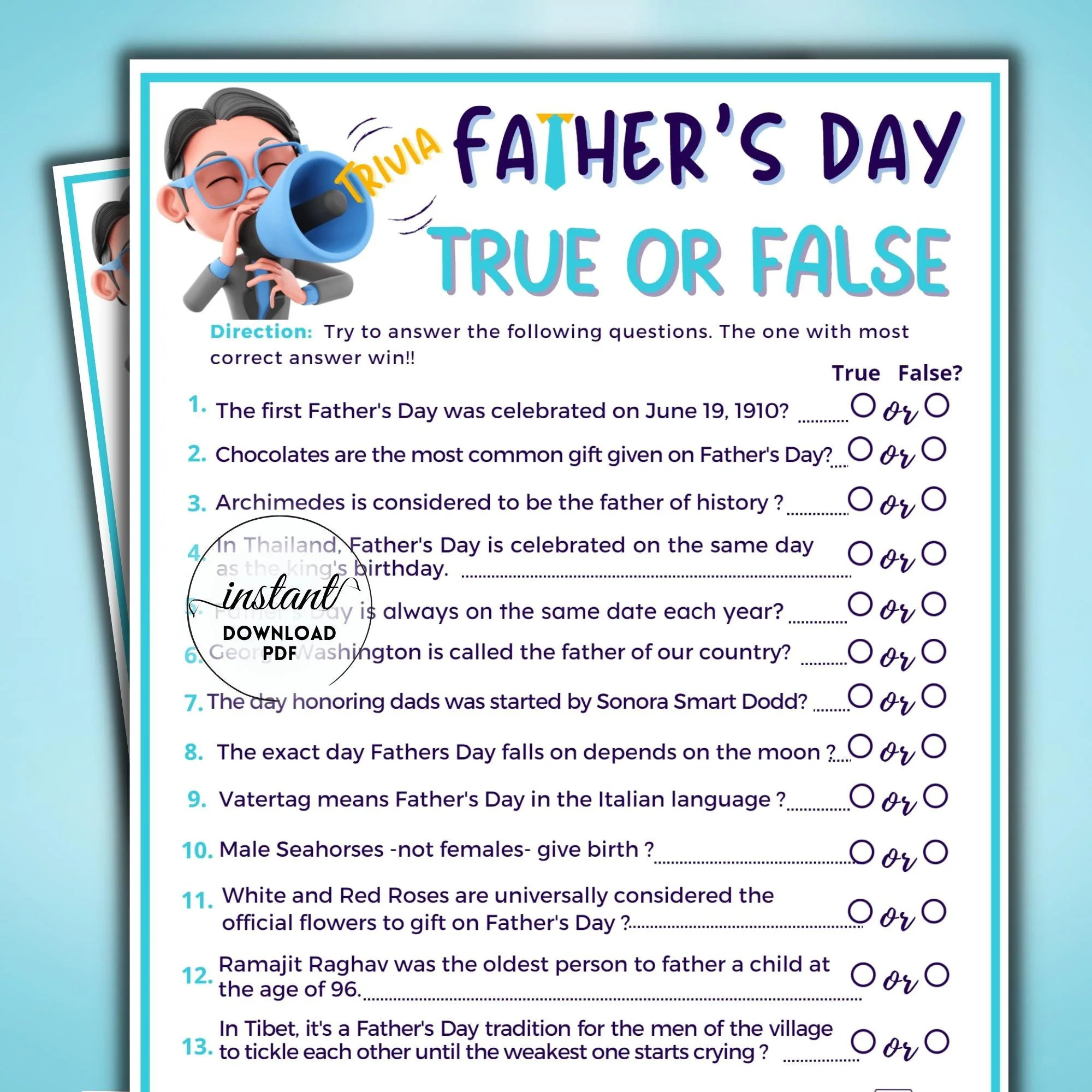 Father s Day Trivia Game True Or False Questionnaire Game Fathers Day Game Quiz Game Father s Day Quiz Questions Family Games Dad Game Etsy