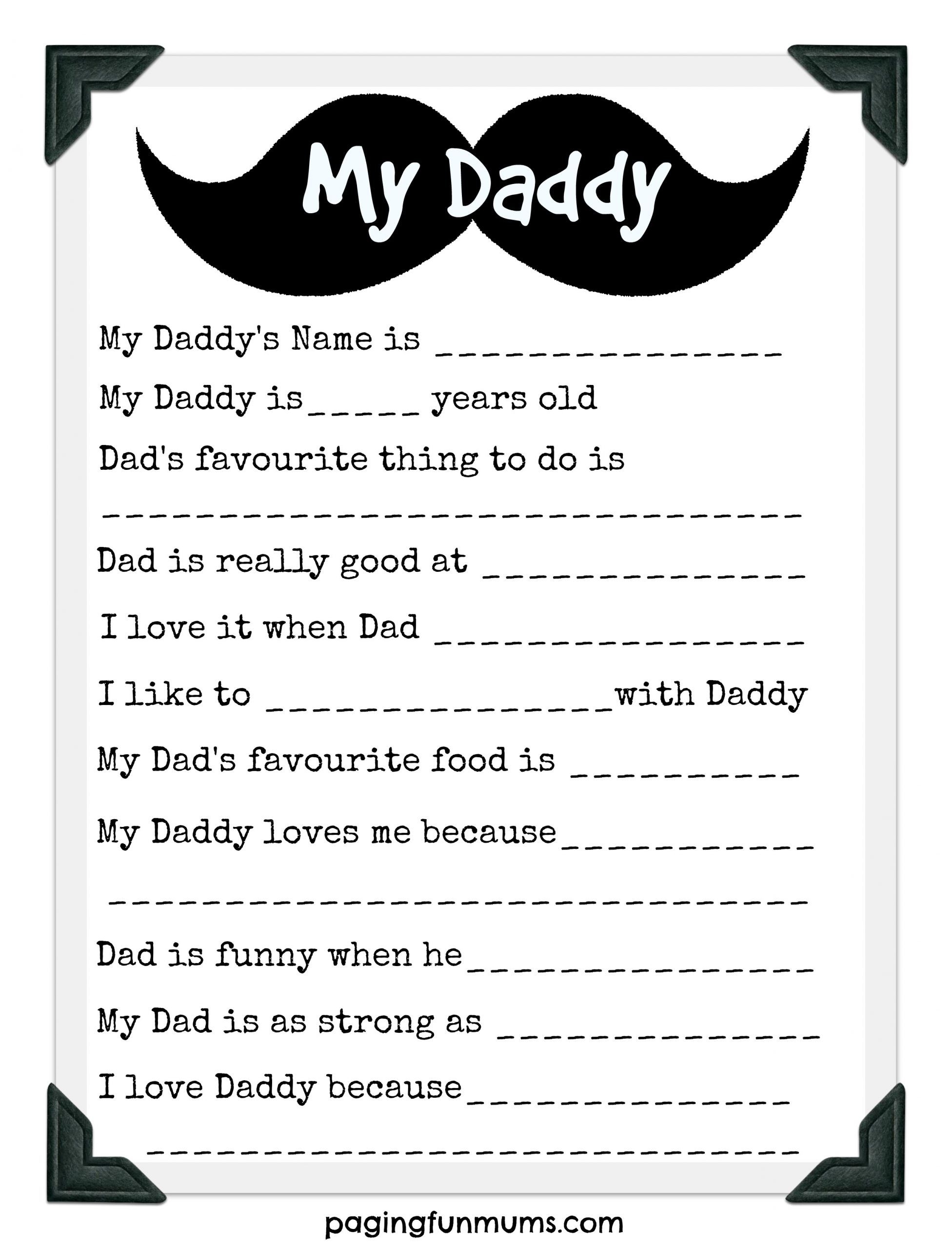 fathers day printable questionnaire printable party favors