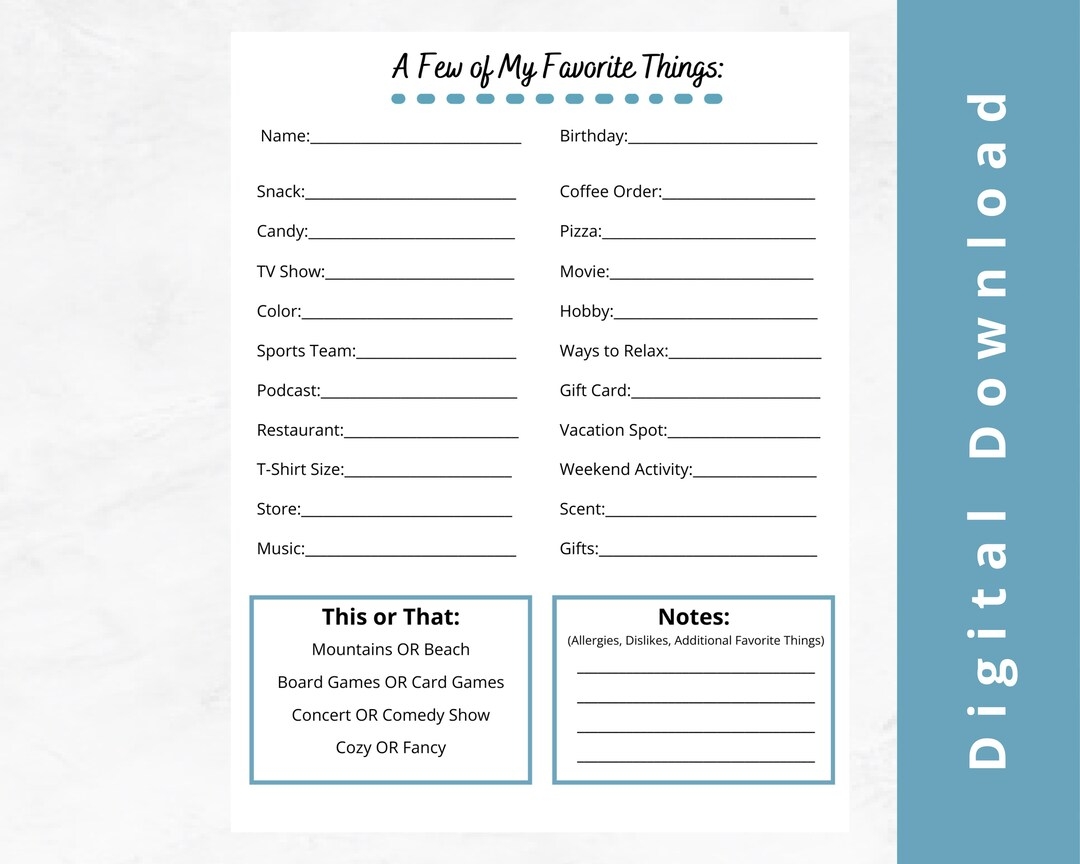 Favorite Things About Me Game Coworker Questionnaire All About Me Survey Etsy
