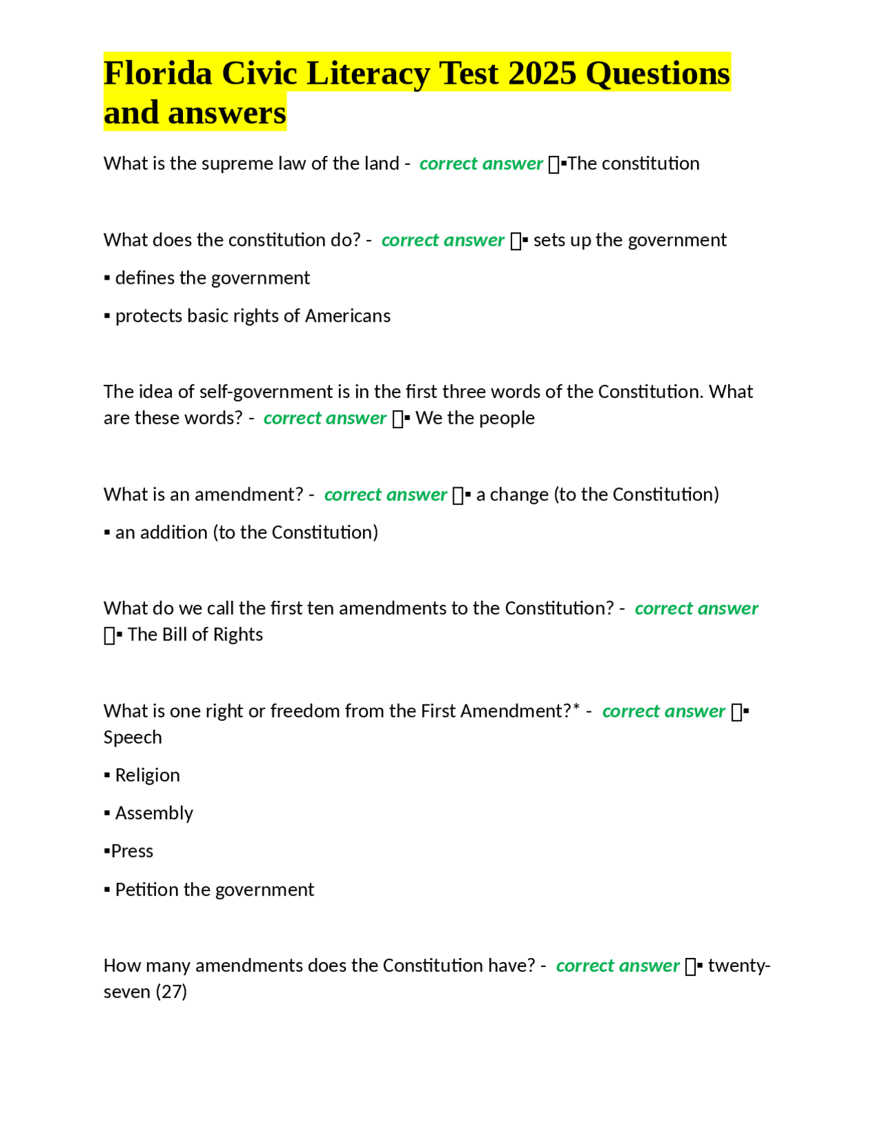 128 Civics Test Questions Printable 2025