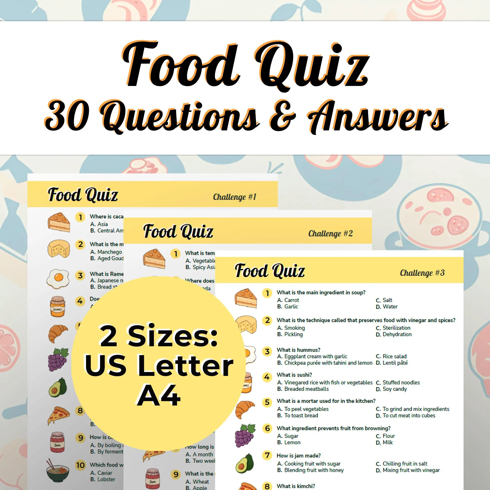 Food Quiz 30 Questions Party Game For All Ages Printable Food Trivia Trivia Night Indoor Games For Adults Family Trivia Night Cooking Etsy