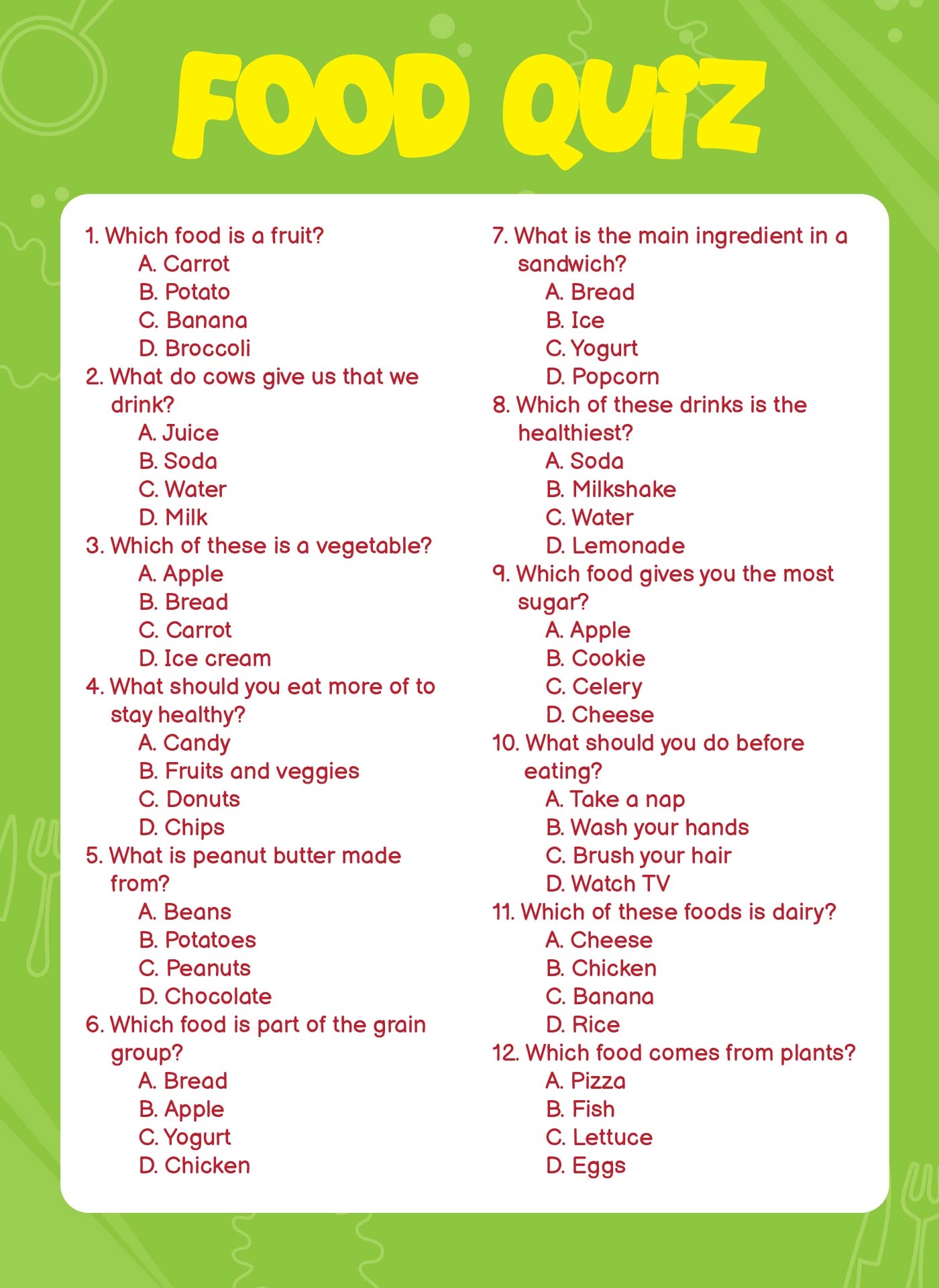 Easy Printable Food Trivia Questions and Answers