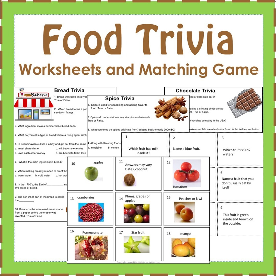 Food Trivia Worksheets And Matching Card Game Food Group Healthy Eating Printables Kids Worksheets Etsy