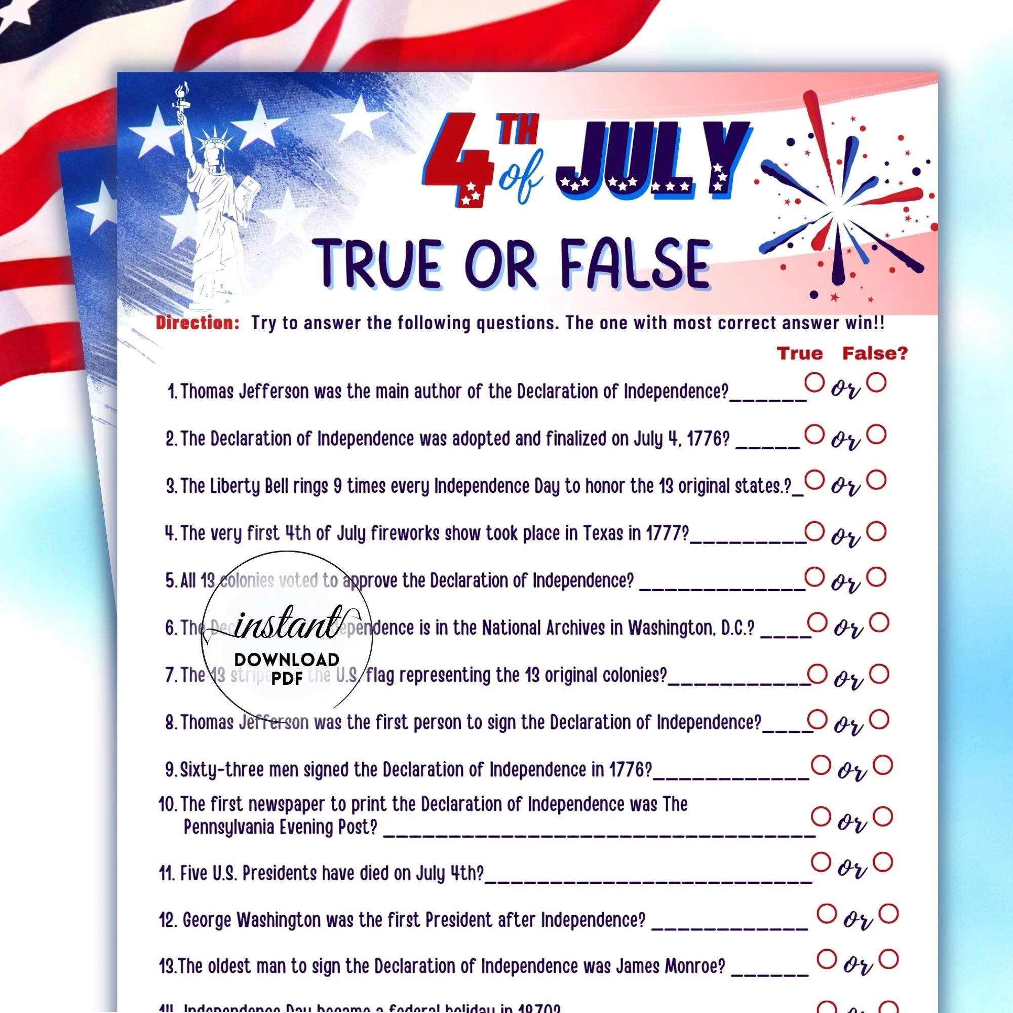 Fourth Of July Trivia True Or False Questions 4th Of July Printable Game US Trivia Quiz American Independence Day Quiz Fun 4th Of July Etsy
