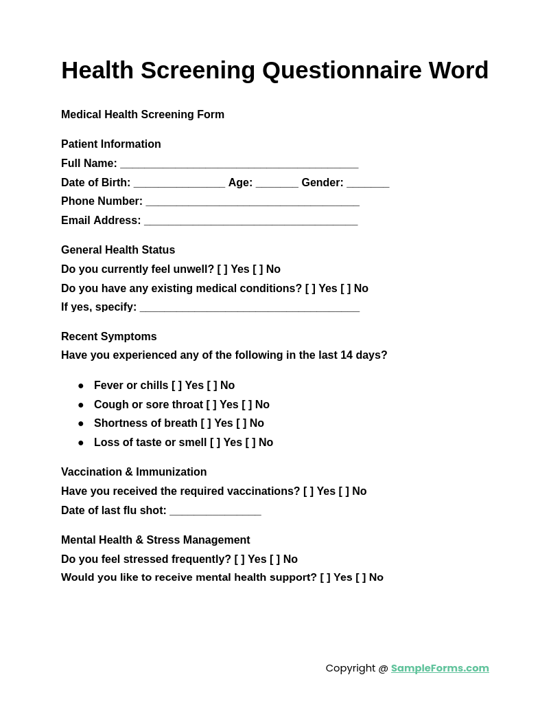 FREE 12 Health Questionnaire Form Samples PDF MS Word Google Docs