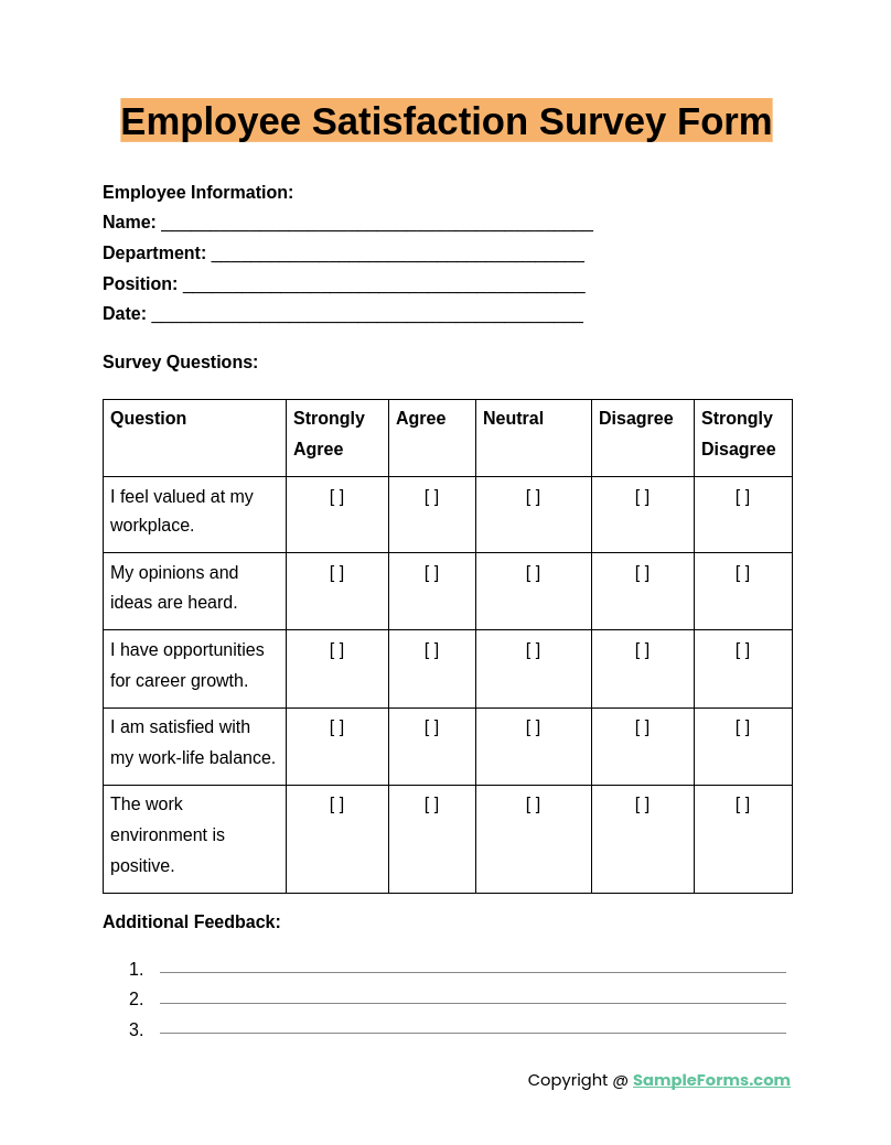 FREE 13 Employee Survey Forms Samples PDF MS Word Google Docs Excel