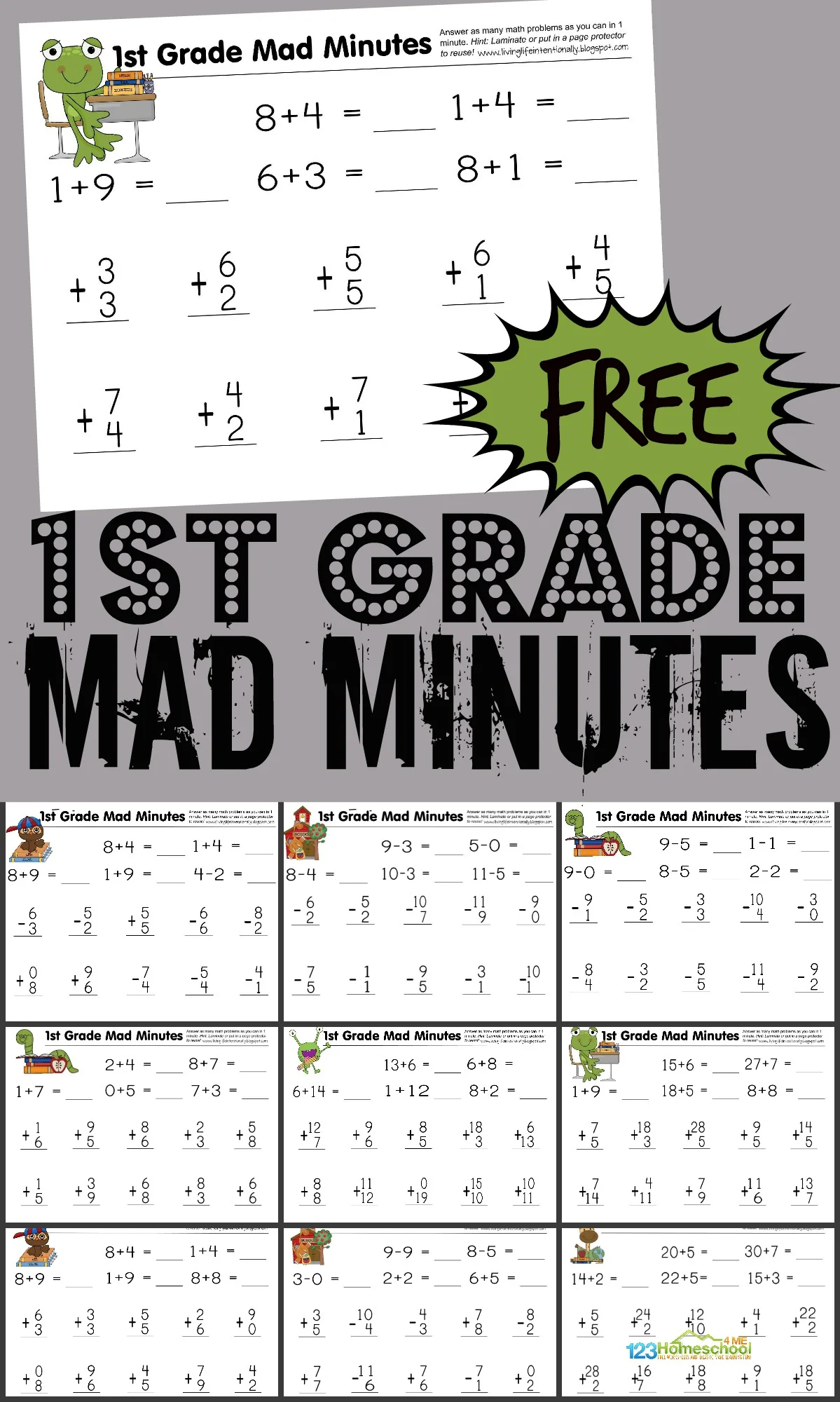 FREE 1st Grade Printable Math Worksheets First Grade Mad Minutes 