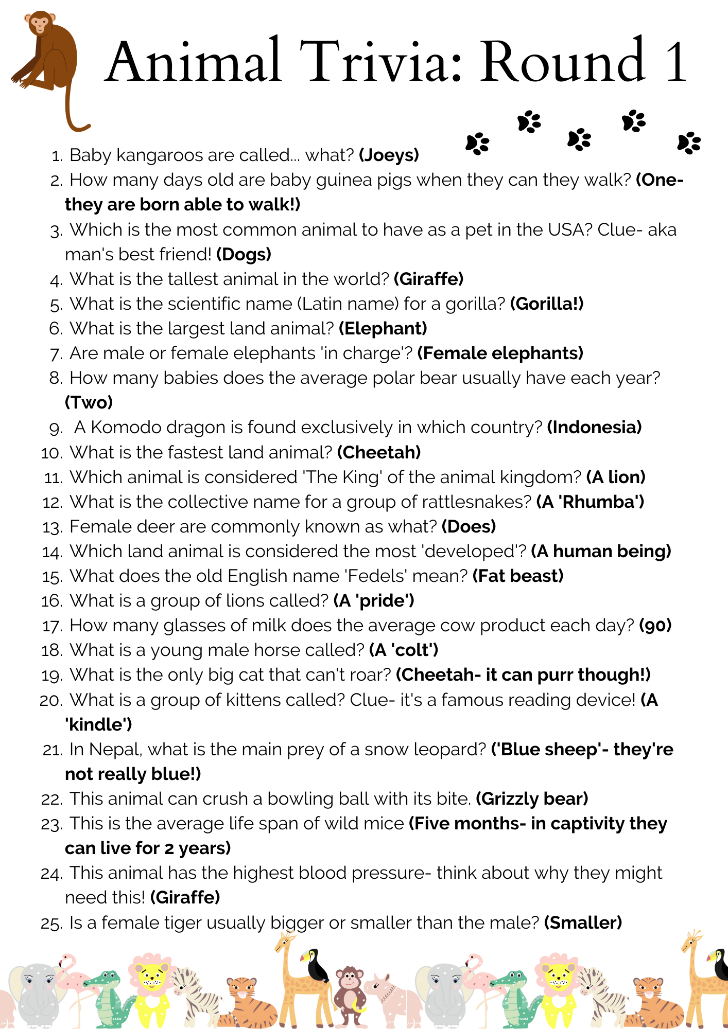 FREE 50 Animal Trivia Questions And Answers Printable Worksheets Library