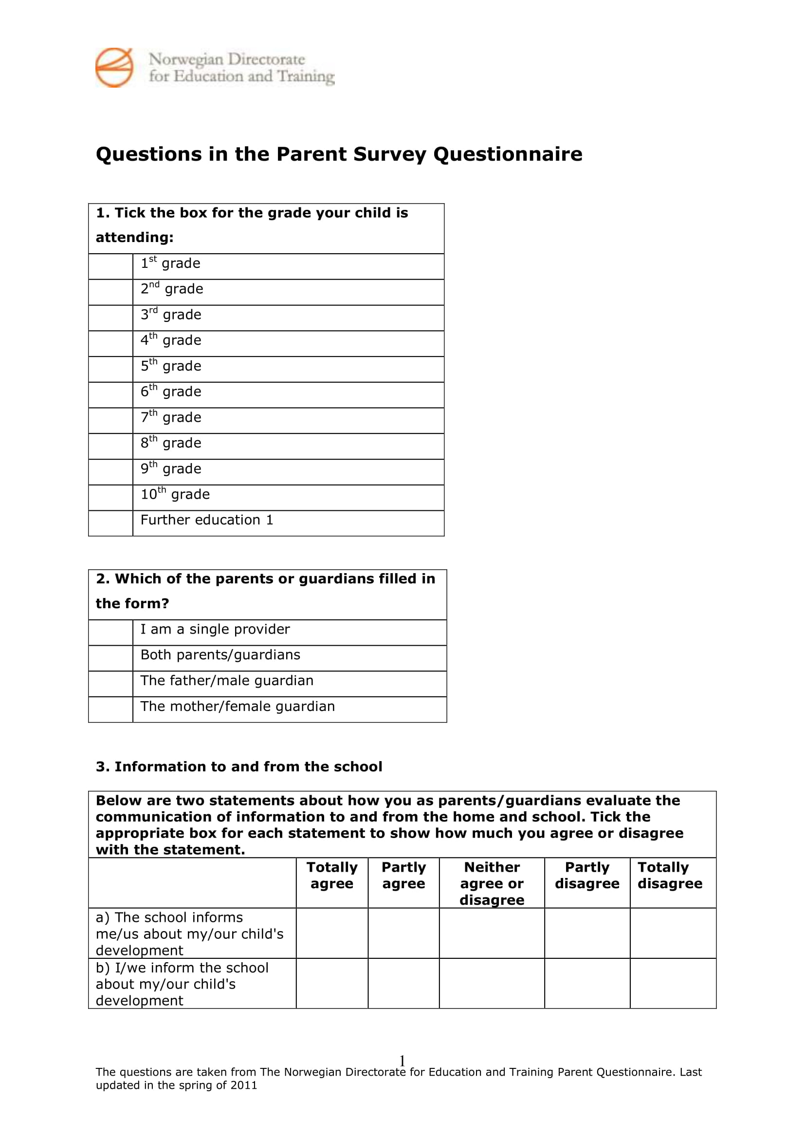 School Parent Survey Free Printable