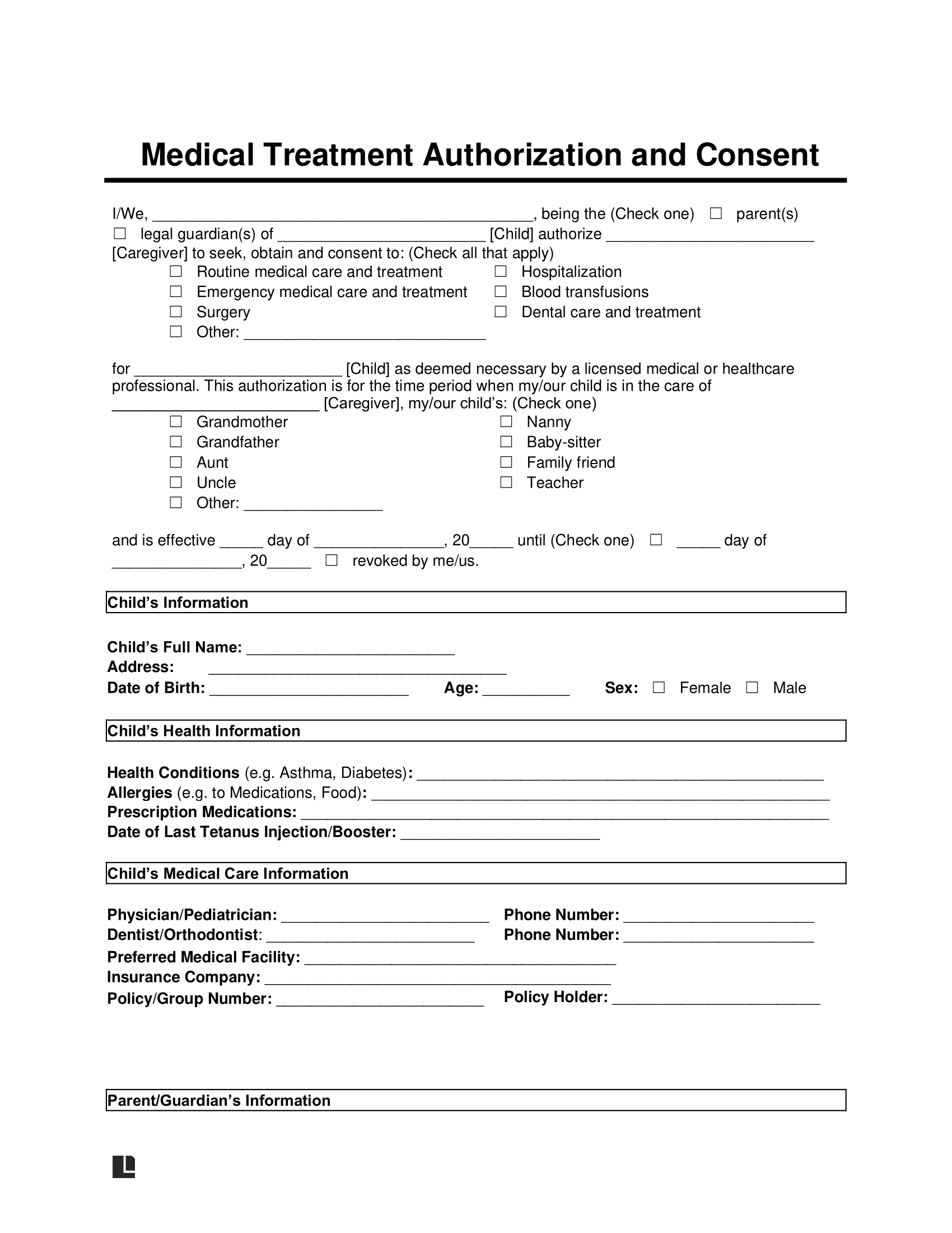 Free Child Medical Consent Form Template PDF Word