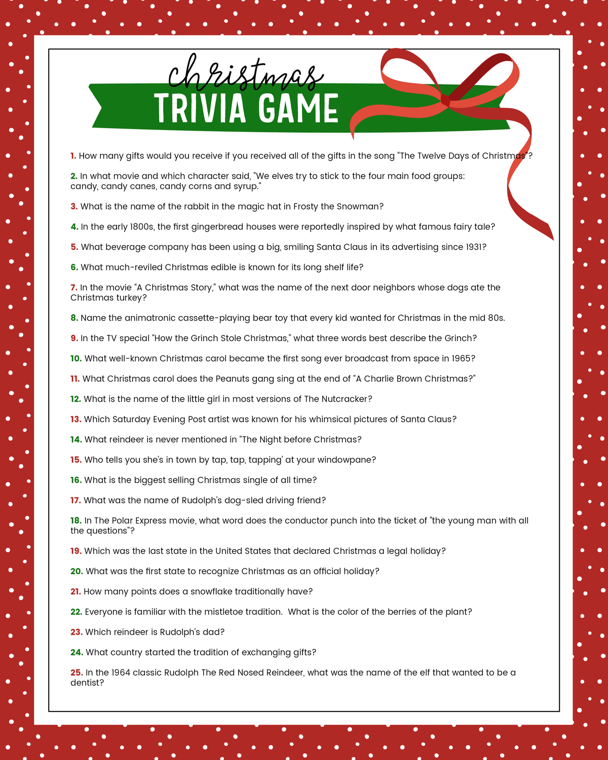 Christmas Quiz and Answers Printable