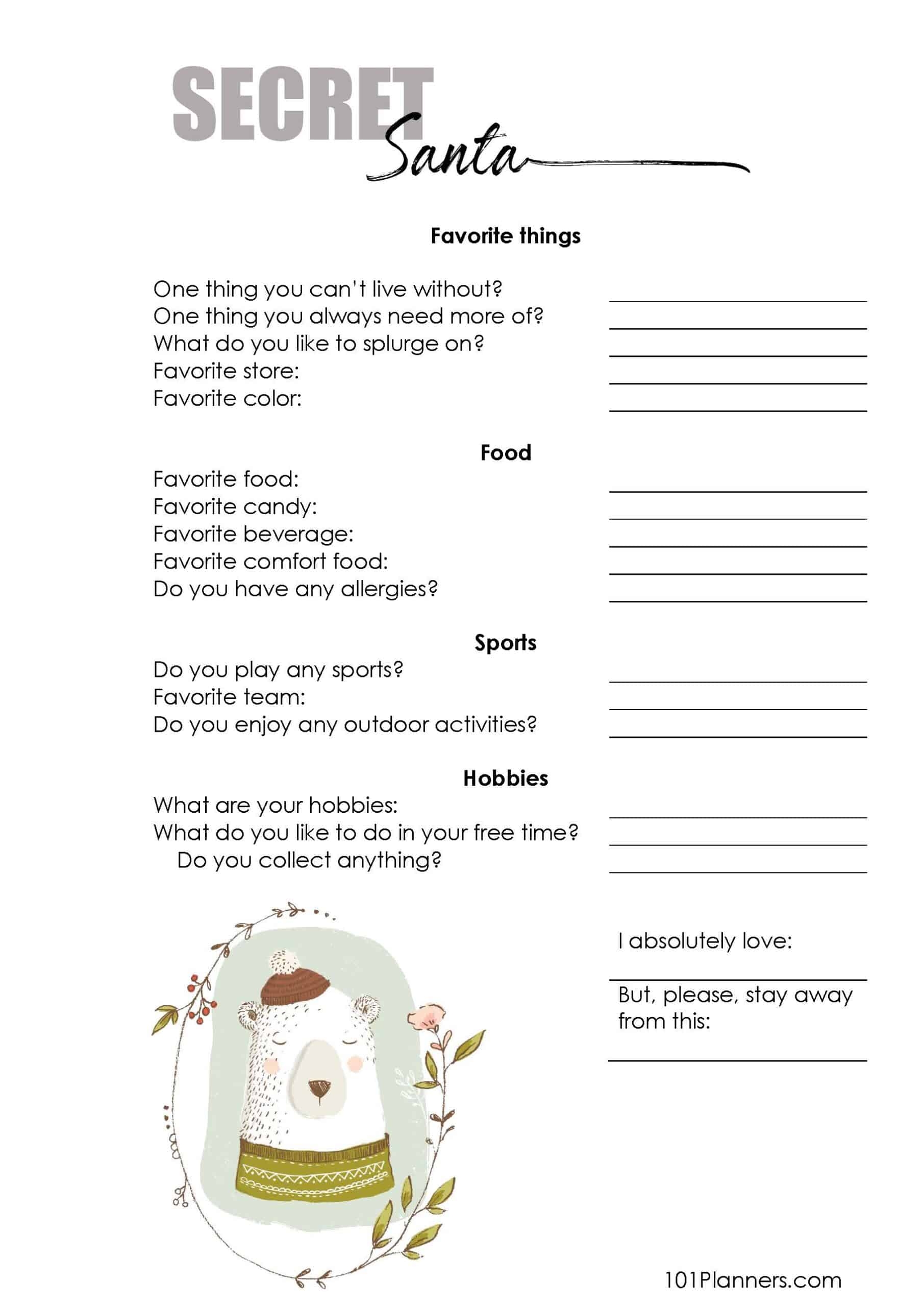 Secret Santa Question Form Printable