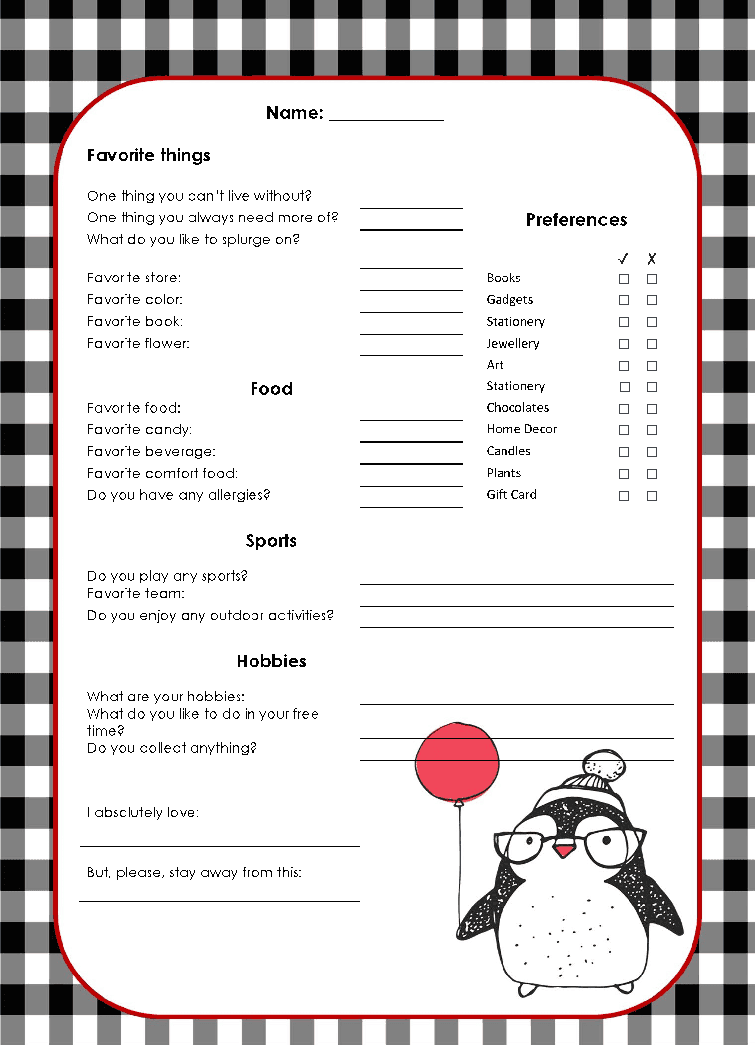 Secret Santa Questionnaire Printable Color In