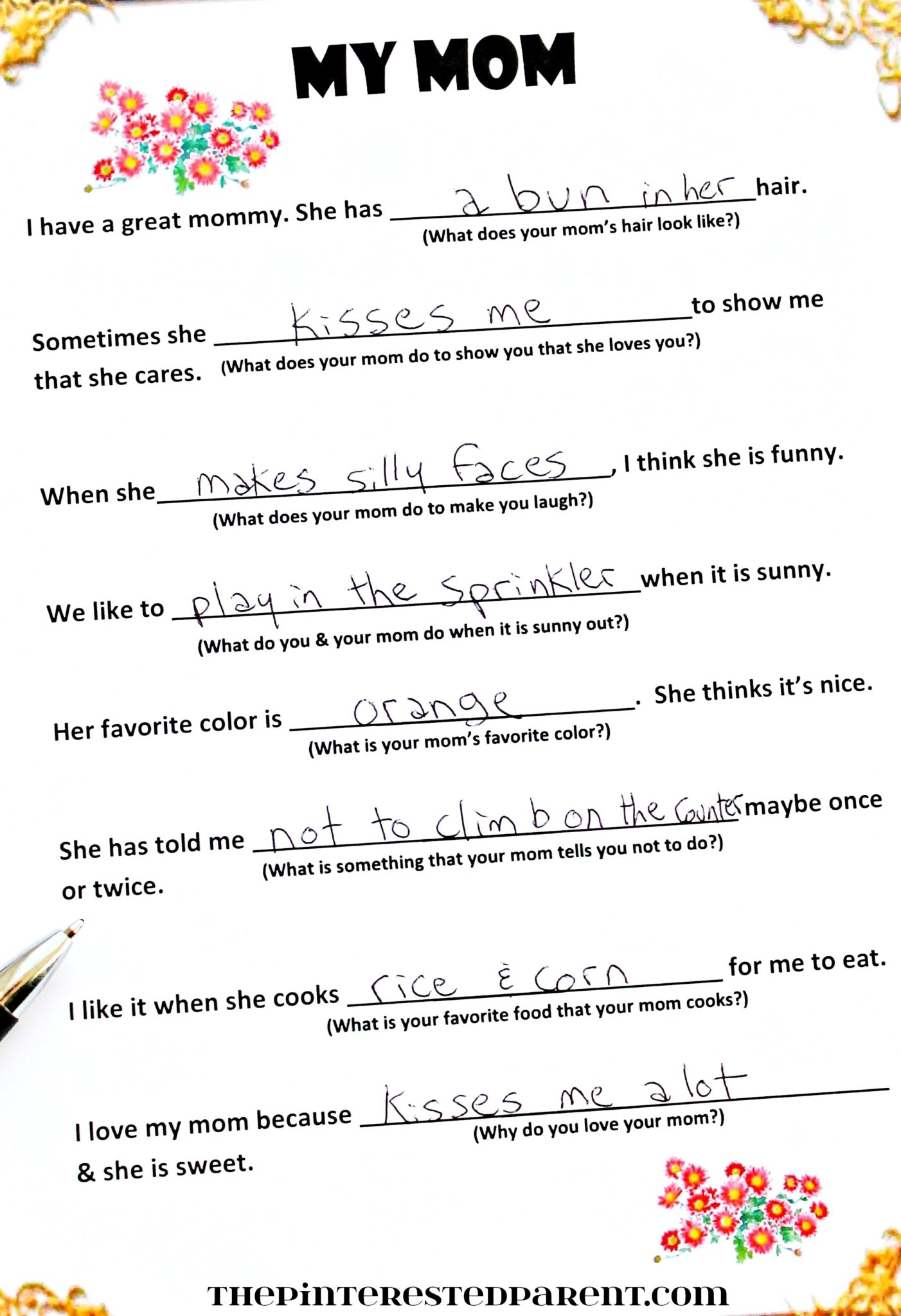 Mothers's Day Questions Free Printable