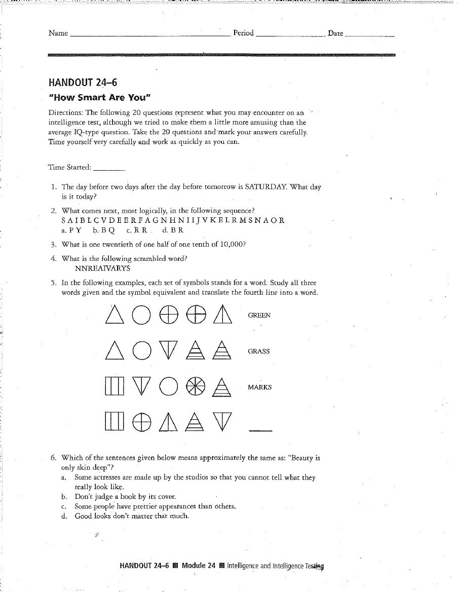 Free Fun IQ Test Worksheets Library