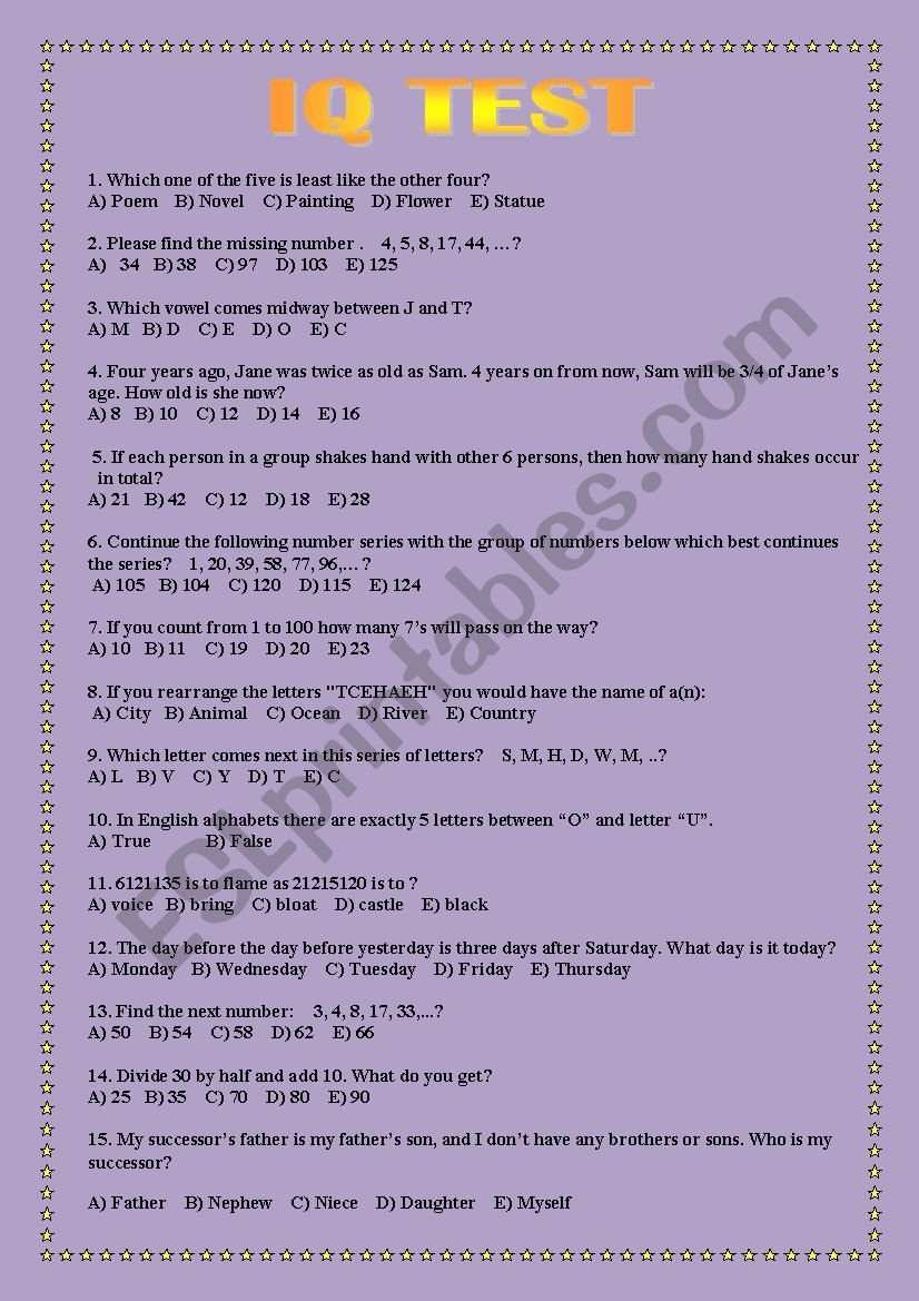 Free Fun IQ Test Worksheets Library